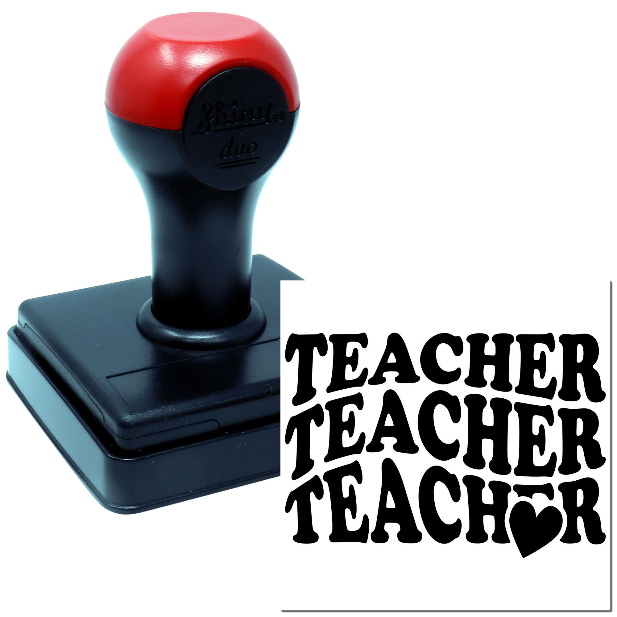 Teacher rubber stamp with bold Teacher Teacher Teacher design and heart, ideal for classroom grading and rewards.