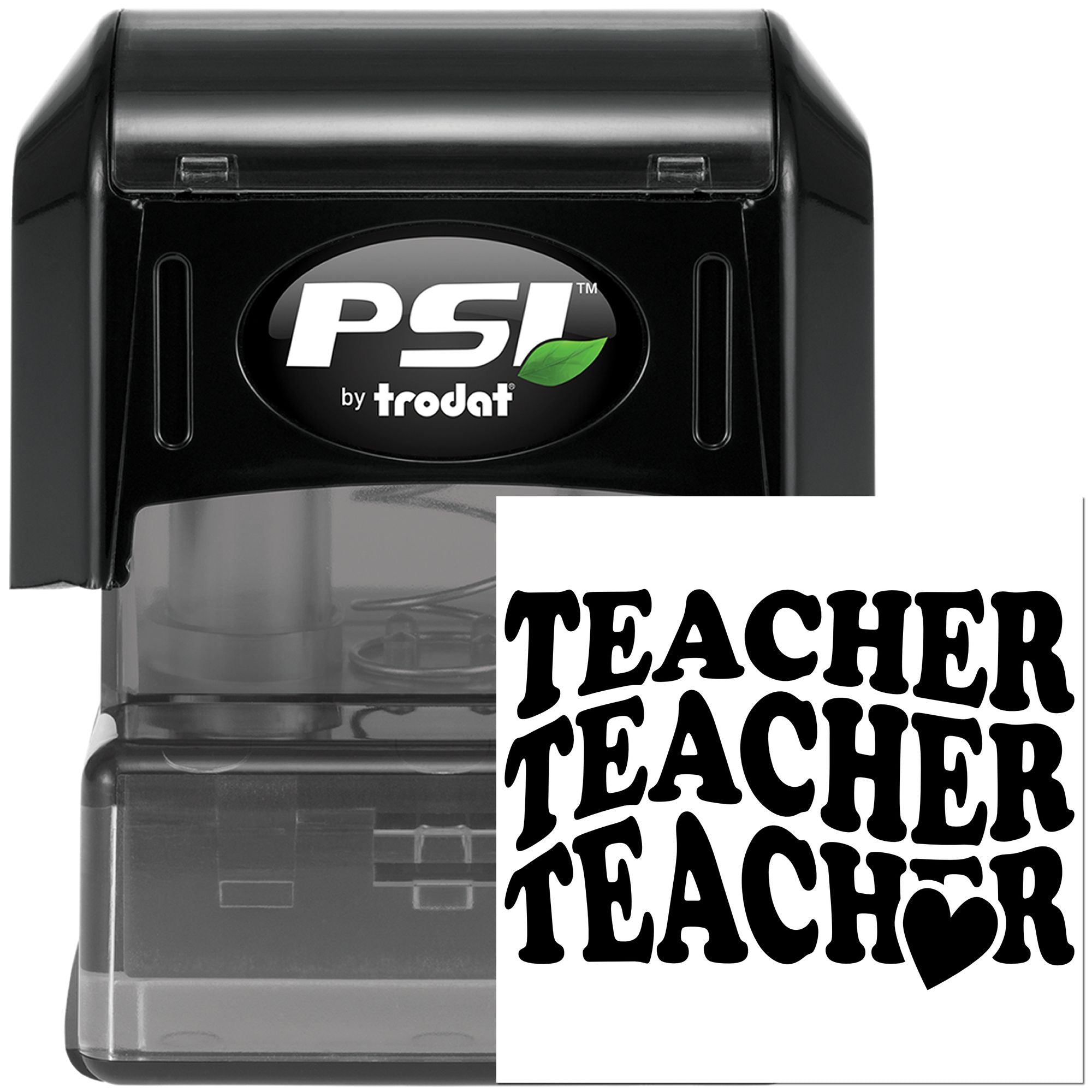 PSI by Trodat self-inking teacher rubber stamp with bold Teacher Teacher Teacher design and heart icon for classroom use