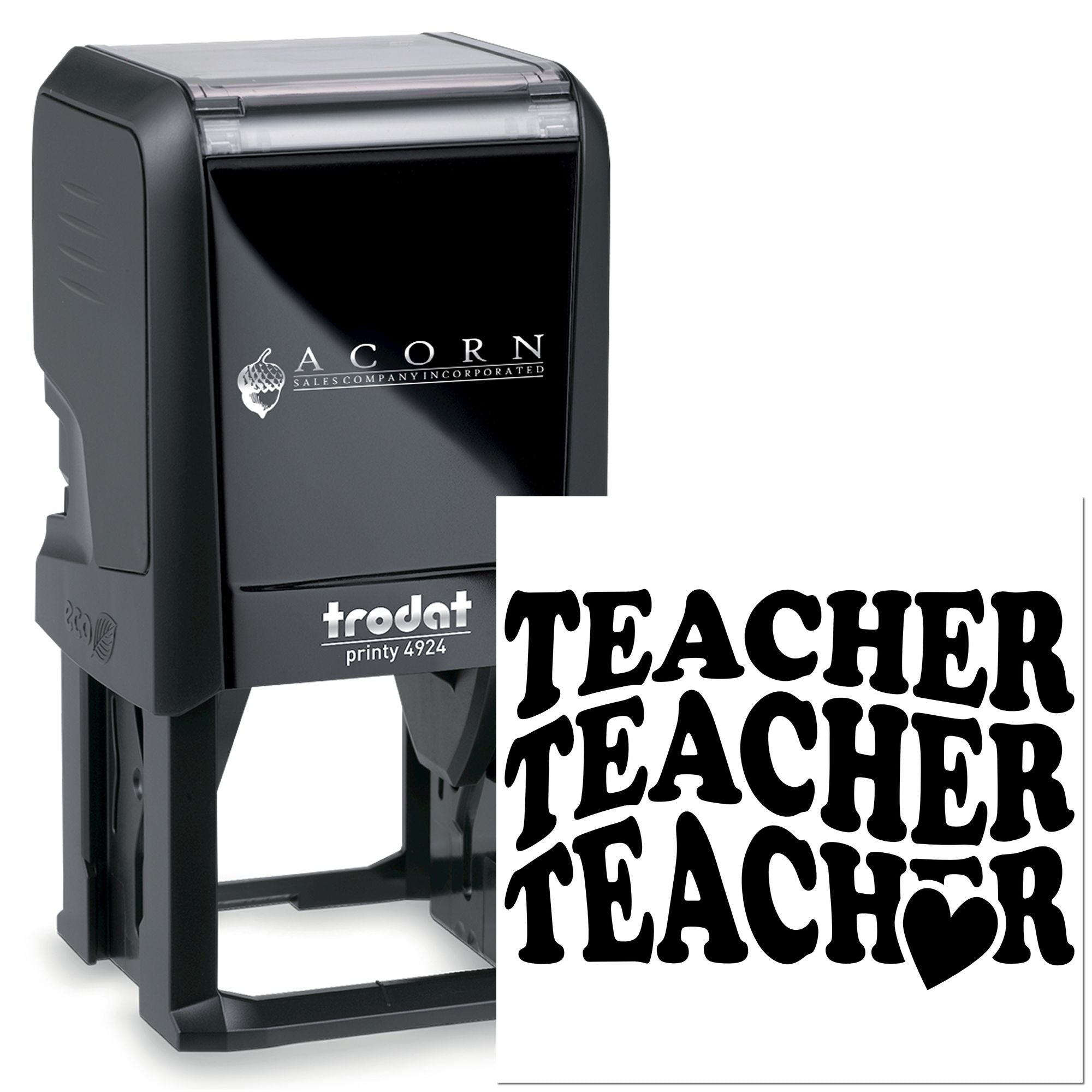 Self-inking teacher rubber stamp with bold TEACHER design and heart, ideal for classroom grading and custom stamping.