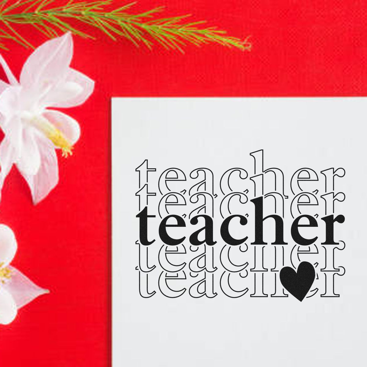 Teacher rubber stamp design with layered typography and heart icon for classroom gifts, cards, and handmade crafts.