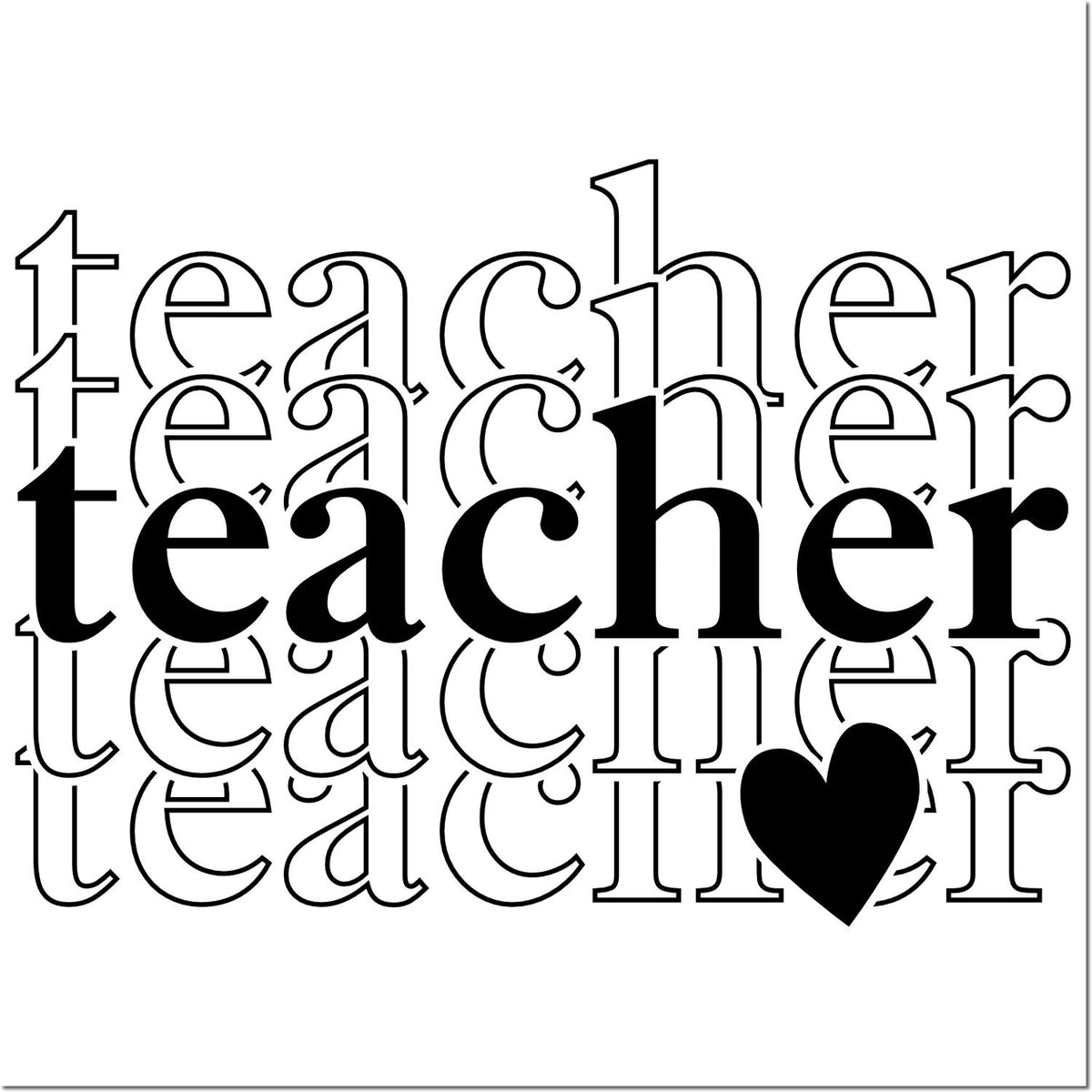 Teacher rubber stamp design with stacked word art and heart icon for teacher appreciation crafts, cards, and classroom projects.