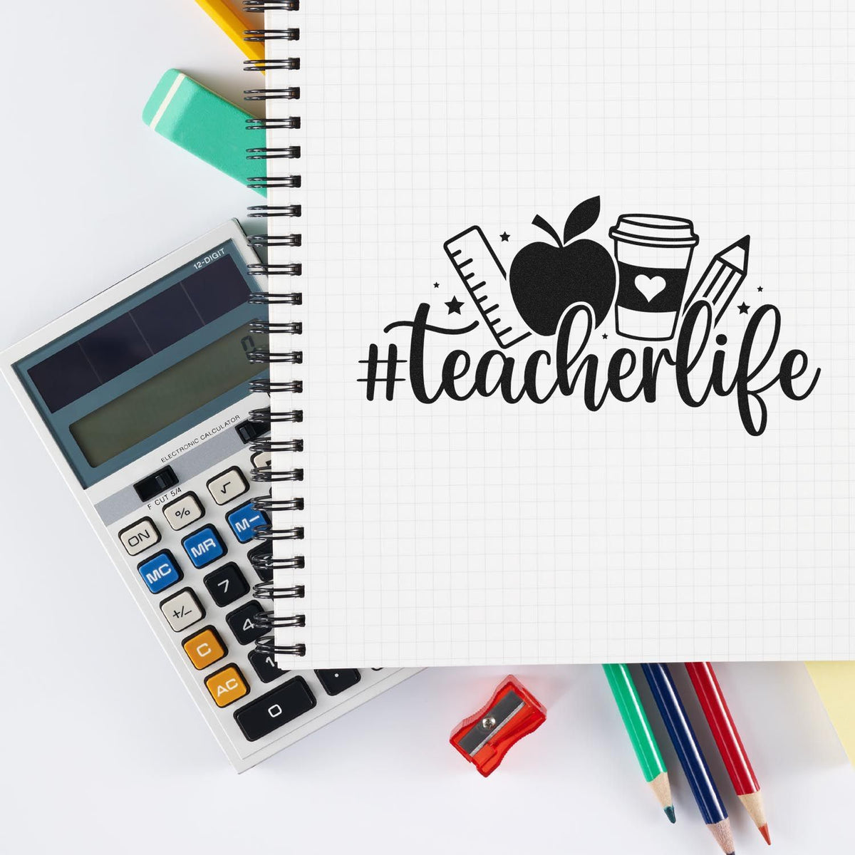 Teacher life rubber stamp design with school supplies, calculator, and notebook for classroom crafting and educator projects.