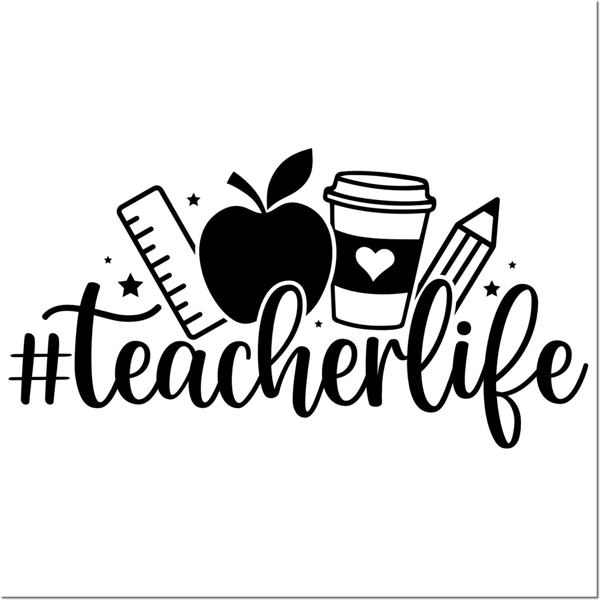 Teacher life rubber stamp design with apple, ruler, coffee cup and pencil, perfect for classroom crafts and educator gifts.