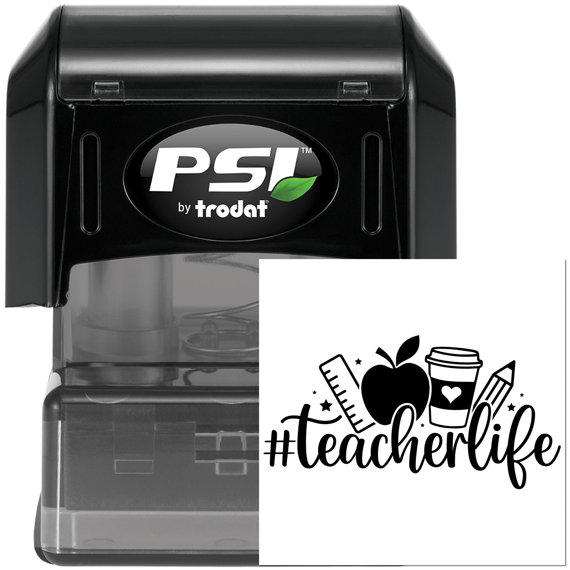 Teacher Life self-inking rubber stamp by Trodat, featuring school icons for classroom planners, crafts, and teacher gifts.
