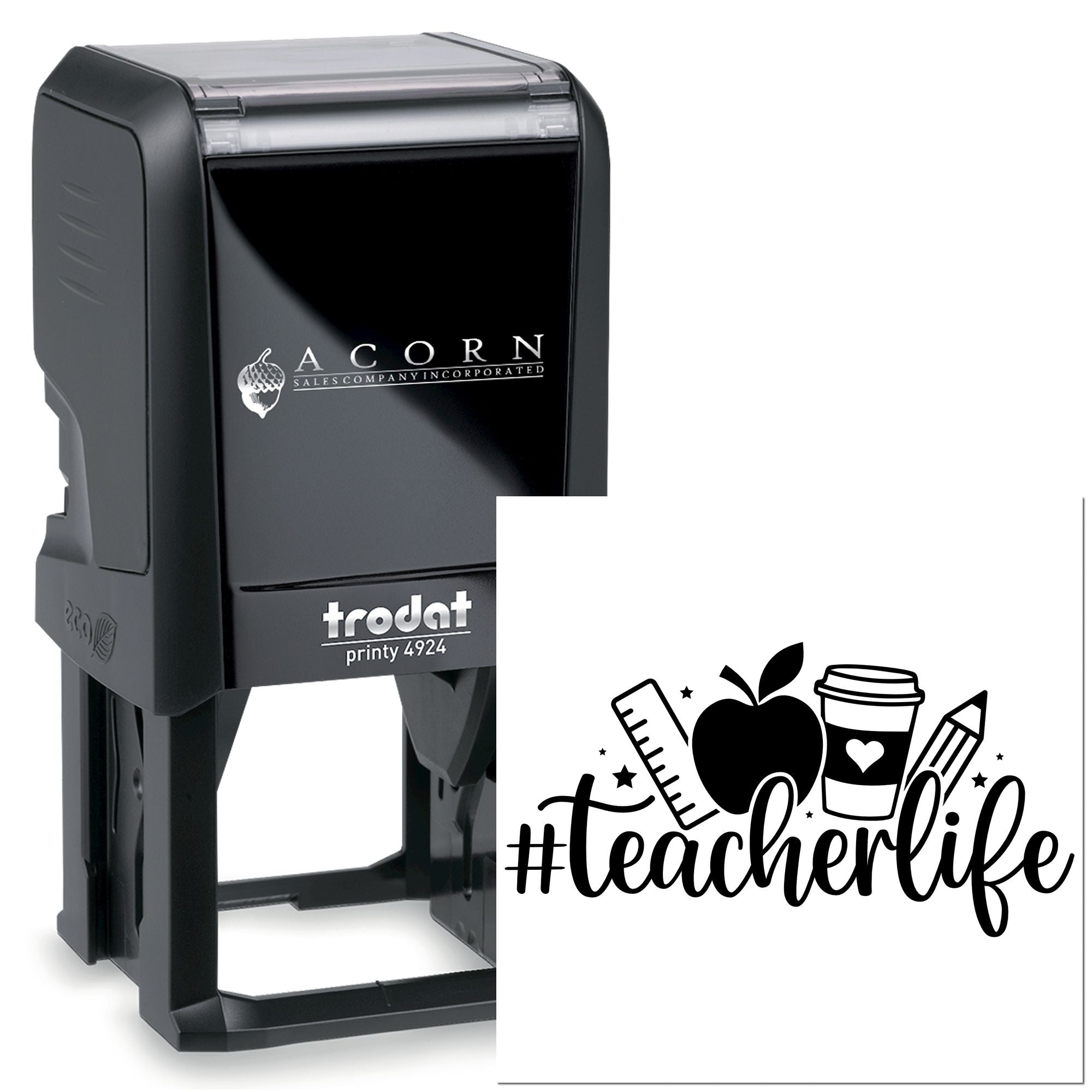 Trodat Printy 4924 self-inking rubber stamp with custom #teacherlife design for teachers, classrooms, and school use.