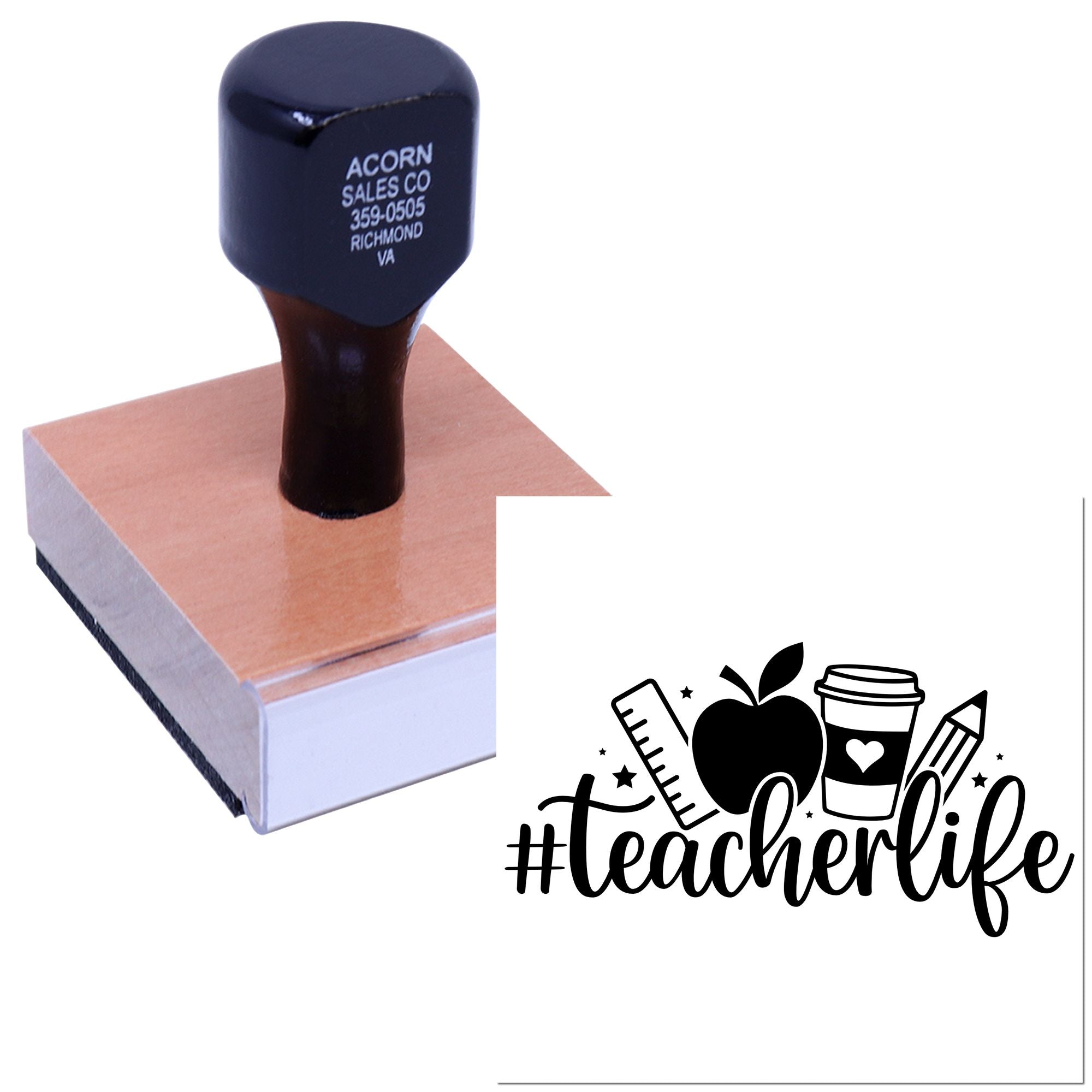 Custom teacher life rubber stamp with school icons, ideal for classroom gifts, teacher appreciation, and personalized stamping.