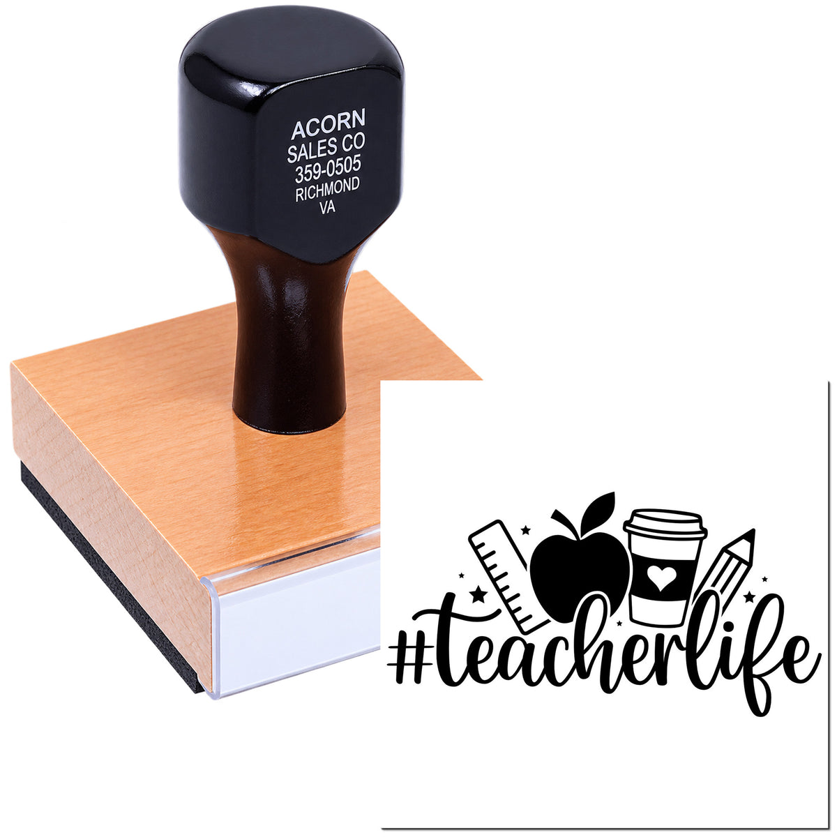 Custom teacher life rubber stamp with school icons, ideal for classroom gifts, teacher appreciation, and personalized stamping.
