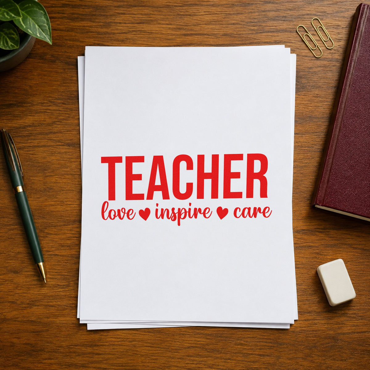 Teacher Love Inspire Care Wood Handle Stamp in use 7