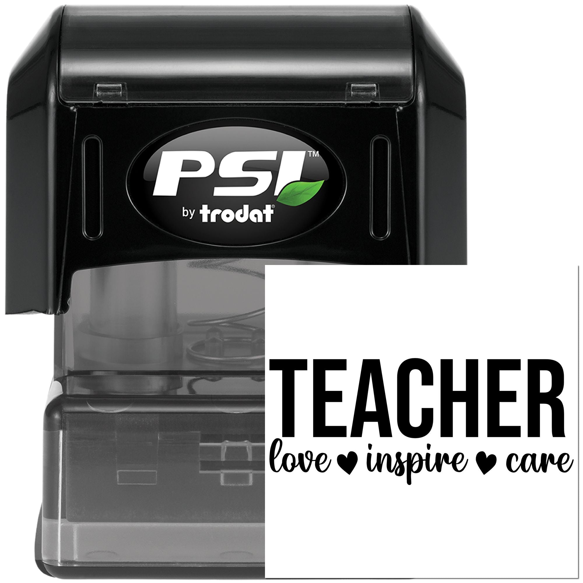 PSI by Trodat self-inking rubber stamp for teachers with love inspire care design, ideal for classroom use.