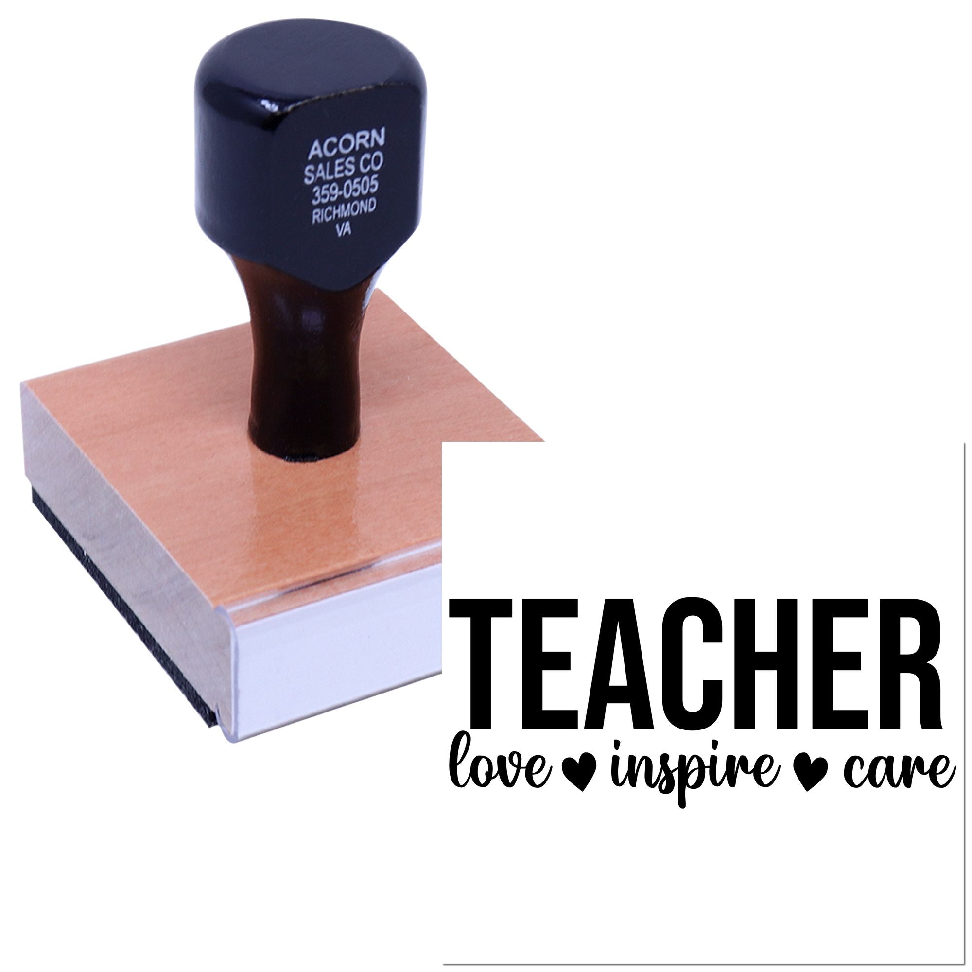 Teacher rubber stamp with love inspire care design for classroom crafts, cards, and teacher appreciation projects.