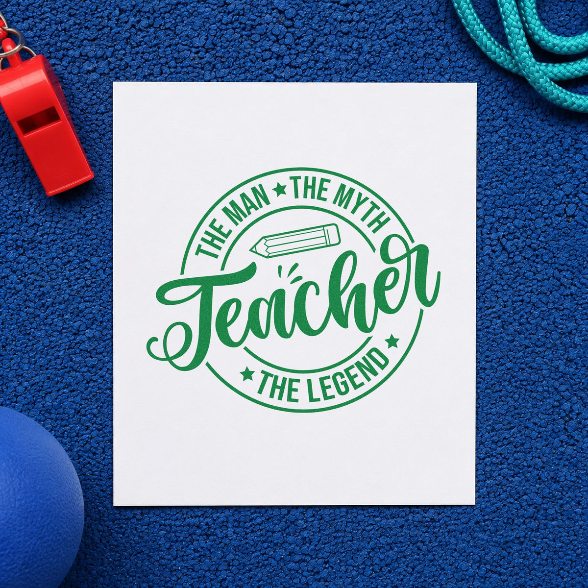 Teacher the Man Myth Legend craft stamp imprint in green ink on a handmade project, one idea being framed shop wall.