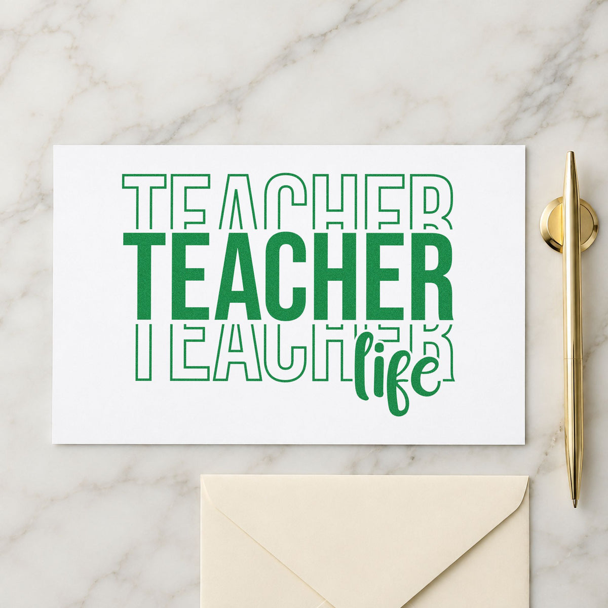 Teacher Life Outline Stack craft stamp imprint in green ink on a handmade project, one idea being framed booth sign.