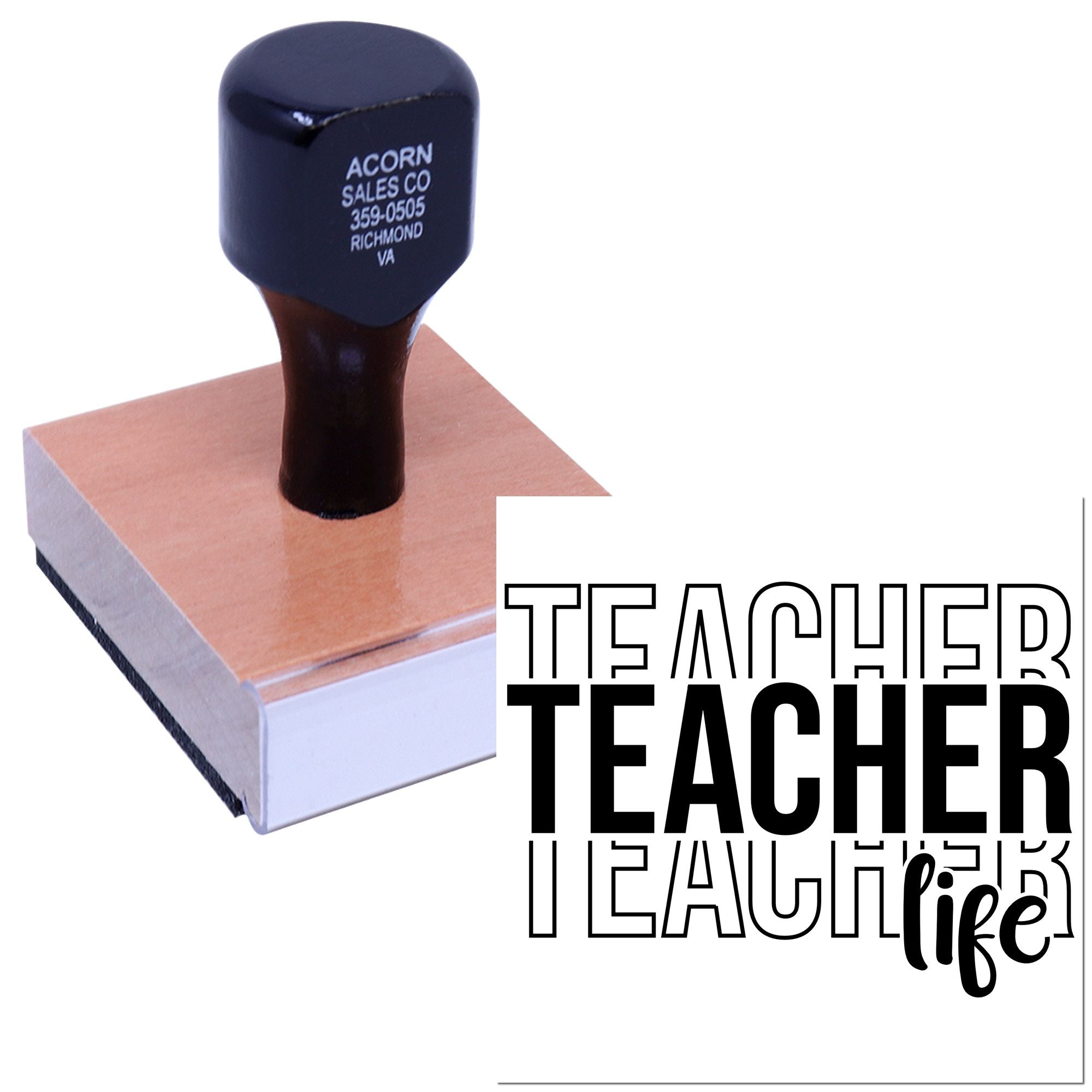 Teacher Life rubber stamp design on a wood block, ideal for classroom crafts, teacher gifts, and school-themed projects.