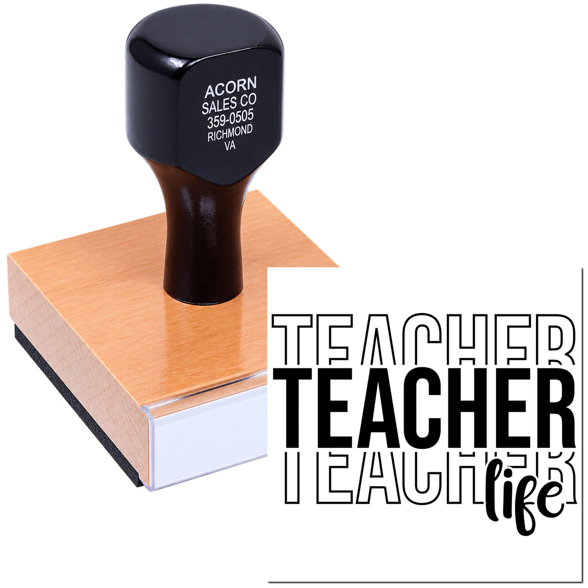 Teacher Life rubber stamp design on a wood block, ideal for classroom crafts, teacher gifts, and school-themed projects.
