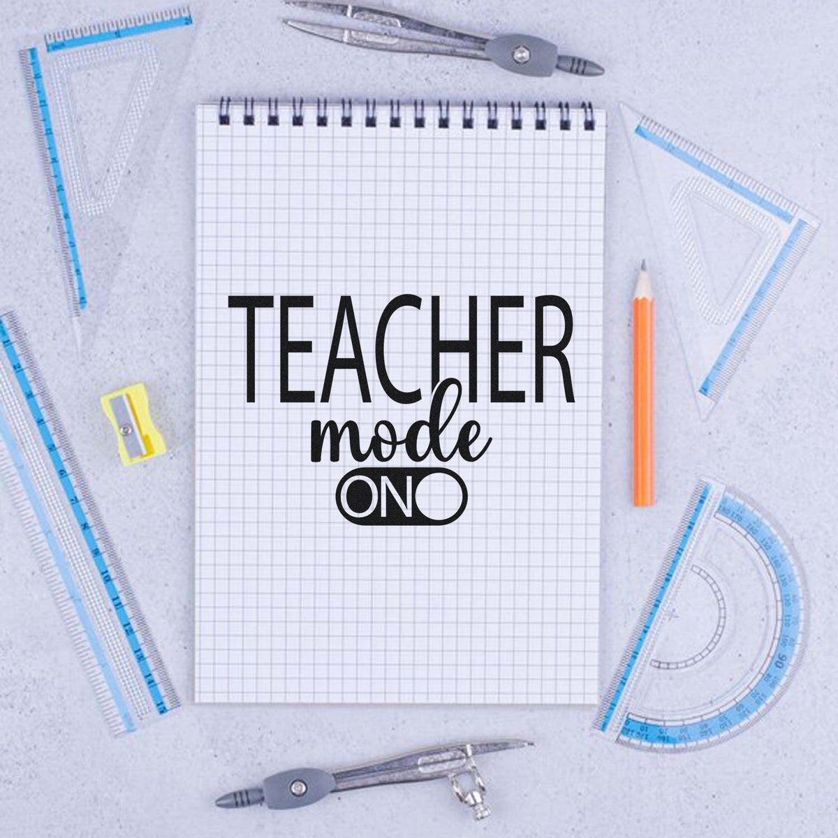 Teacher Mode On rubber stamp design with notebook and school tools for classroom or teacher gifts