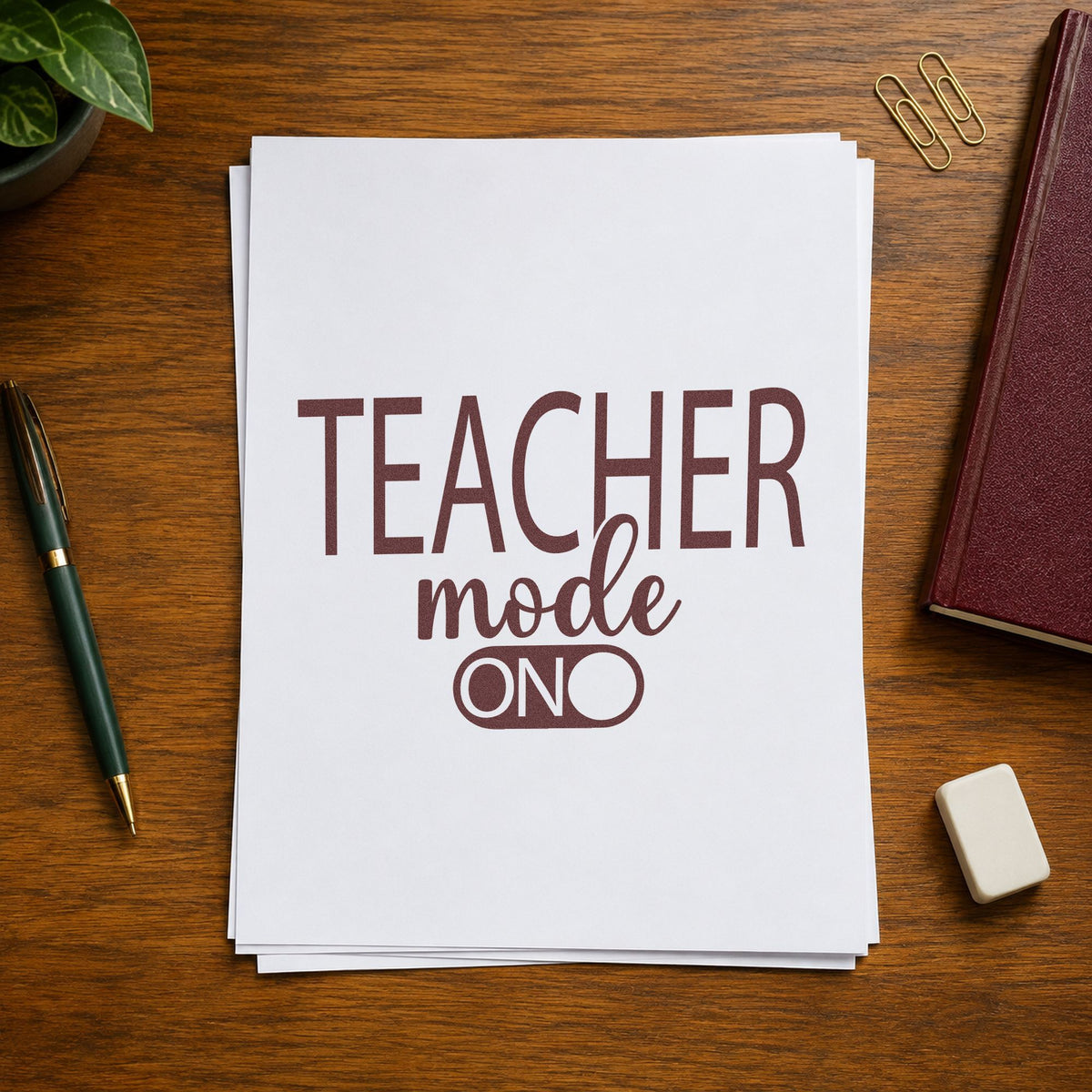 Teacher Mode On rubber stamp printed in brown ink, ready for circuit card crafts and similar paper crafts.