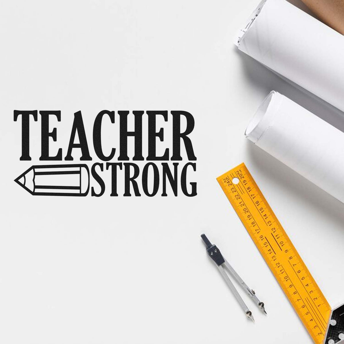 Teacher Strong rubber stamp design with pencil icon for classroom projects, teacher gifts, and school stationery.