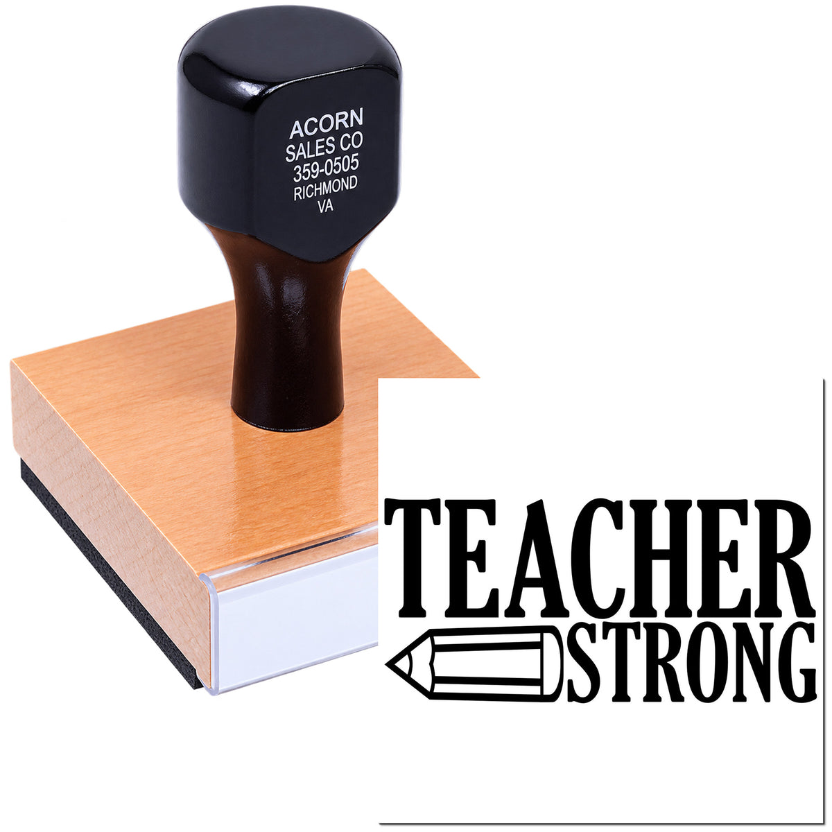 Custom self-inking teacher rubber stamp with Teacher Strong logo for classroom grading, notes, and educational use.
