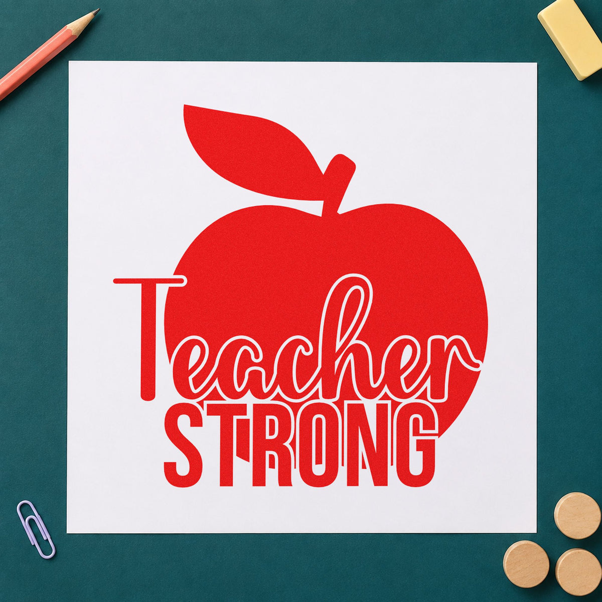 Teacher Strong Apple rubber stamp shown in red ink, stamped for projects such as budget meeting notes.