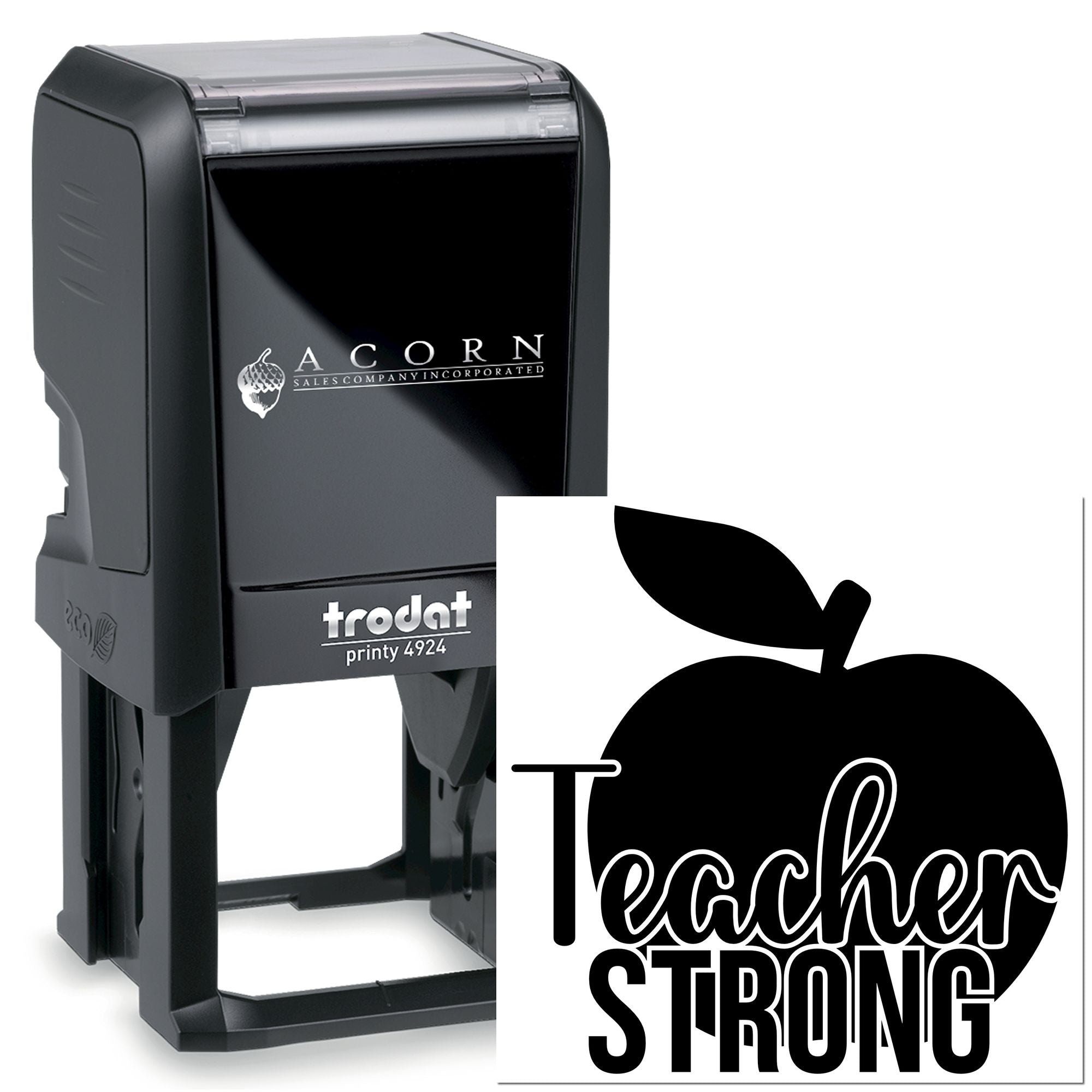 Custom self-inking Trodat Printy 4924 rubber stamp with Teacher Strong apple design for classroom rewards and teacher branding.