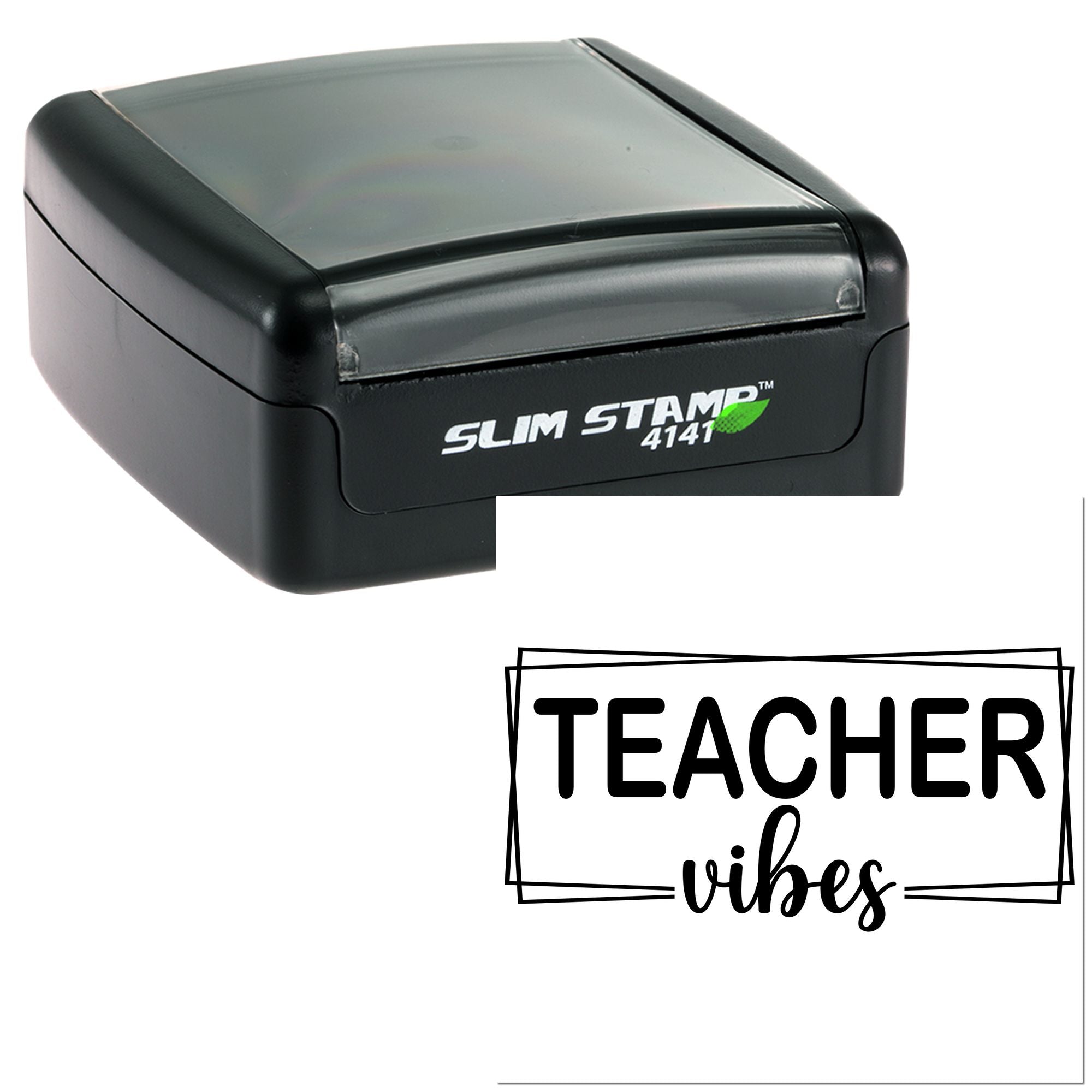 Self-inking rubber stamp with Teacher Vibes design for classroom grading, planning, and teacher gifts.