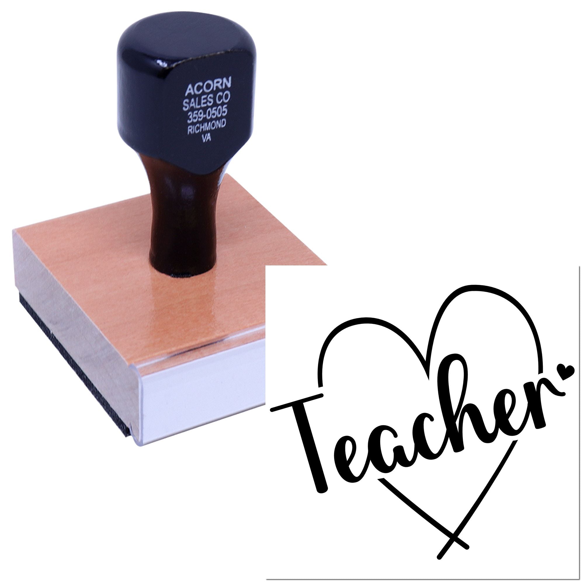 Mounted teacher rubber stamp with heart design for classroom notes, rewards, and school craft projects.