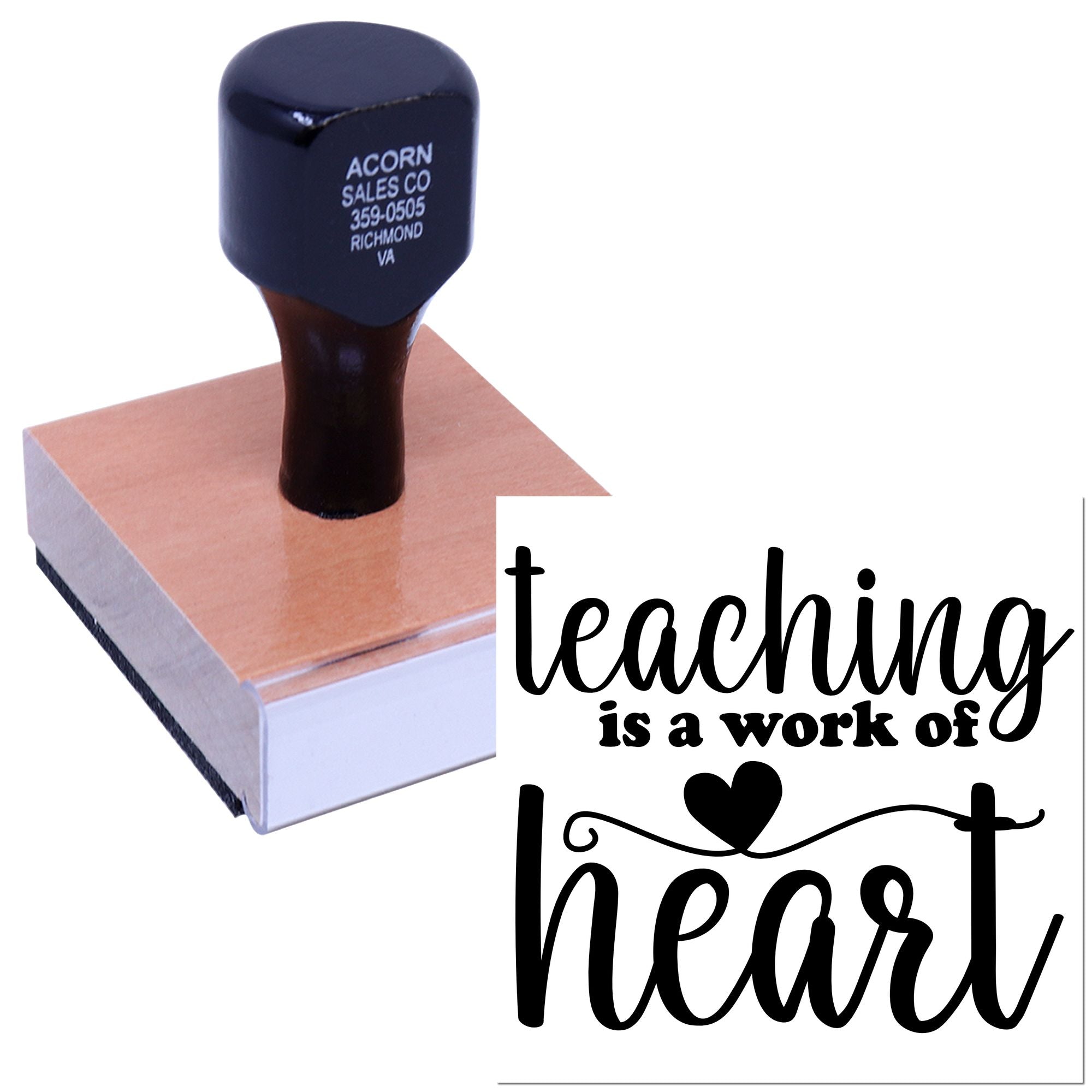 Custom rubber stamp with Teaching Is a Work of Heart design for teacher appreciation cards and classroom crafts.