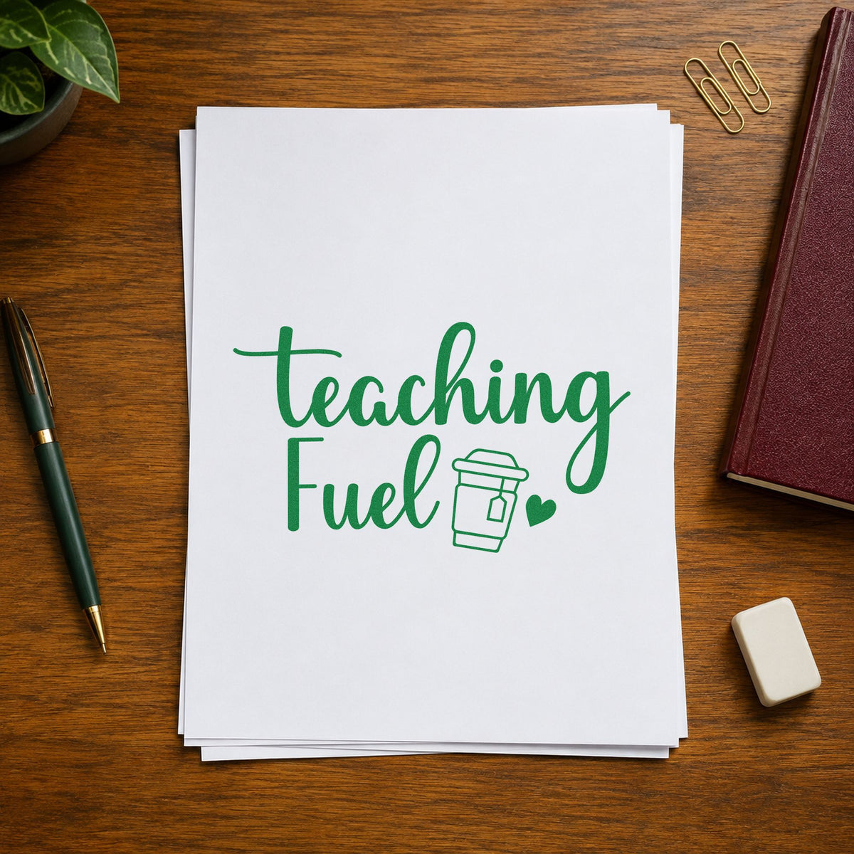 Teaching Fuel craft stamp imprint in green ink on a handmade project, one idea being break room pages.