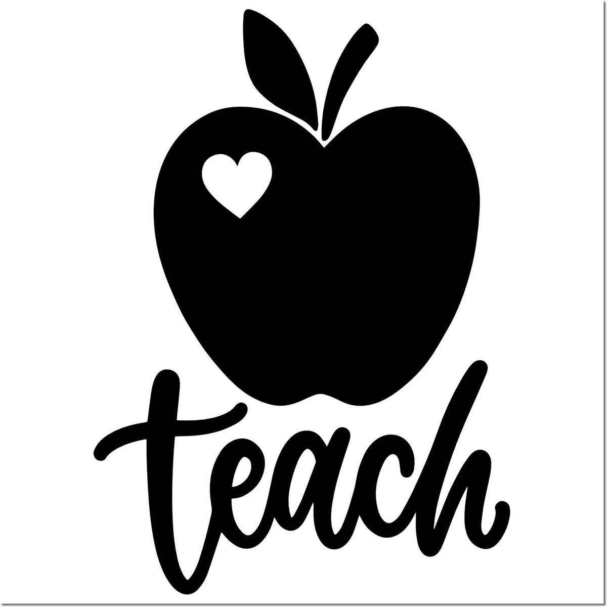 Apple with heart icon and Teach text, teacher appreciation rubber stamp design for classroom crafts and education projects