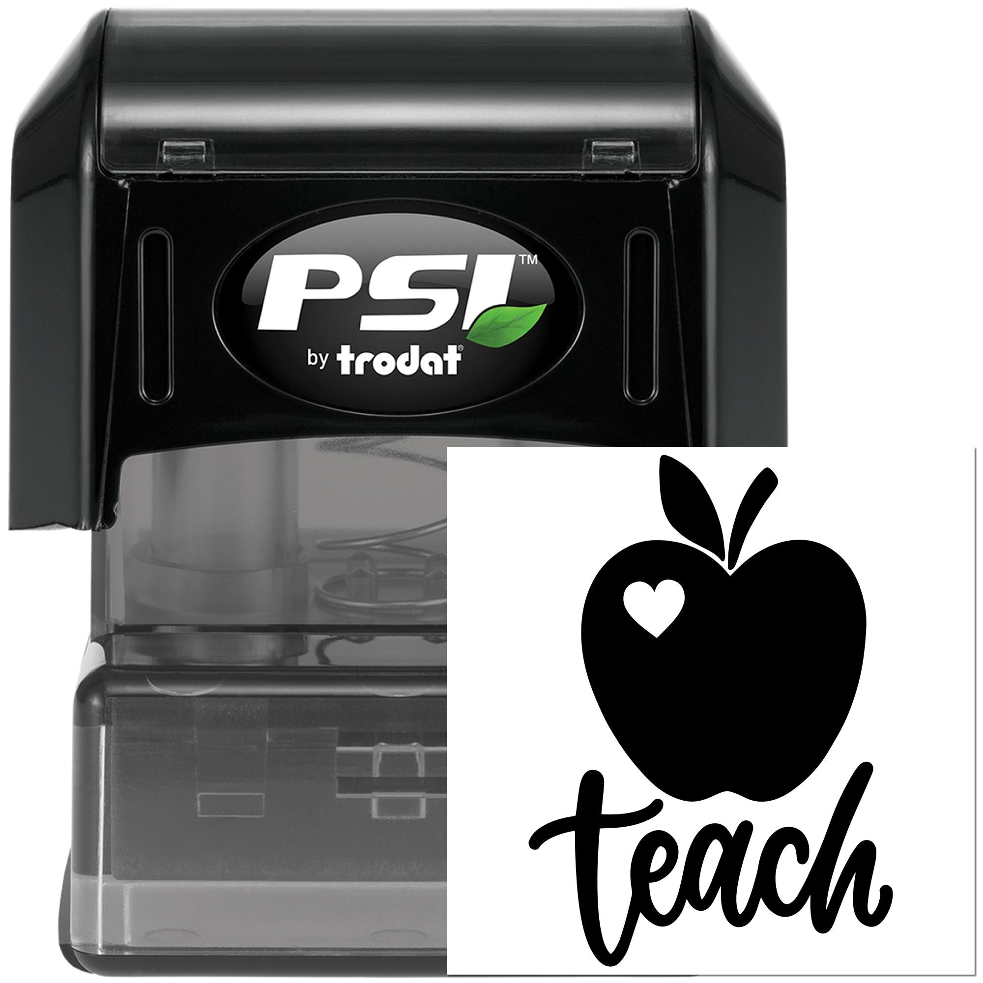 PSI by Trodat self-inking teacher rubber stamp with apple heart Teach design for classroom use.