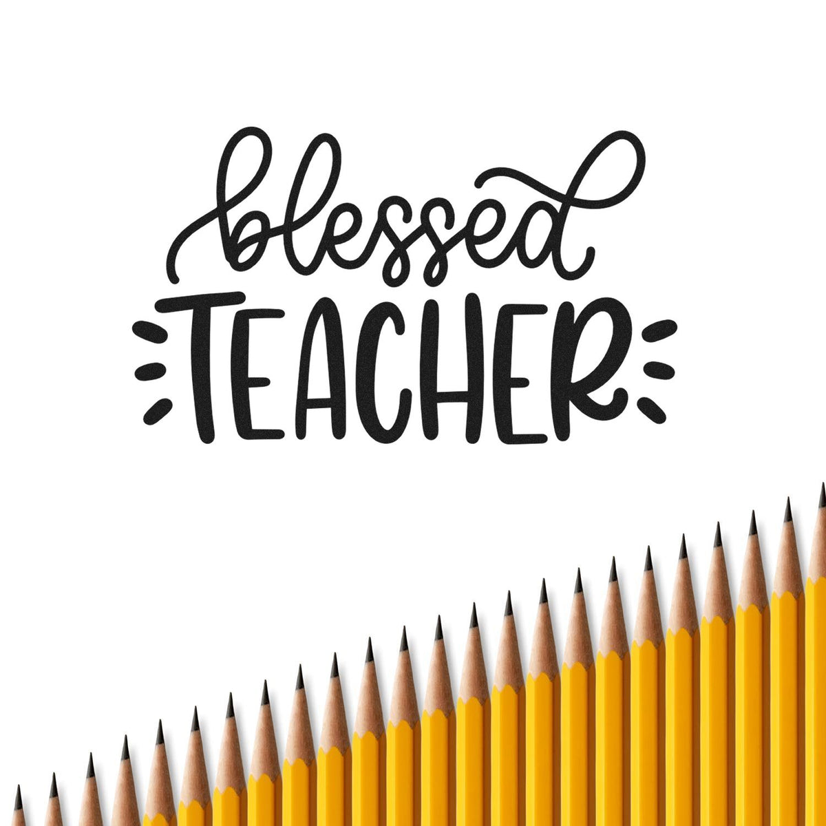 Blessed Teacher Lettering Pre-Inked Stamp – Slim imprint stamped in black ink. Flowing "Blessed" lettering sits above bold "Teacher," flanked by short radiating marks.