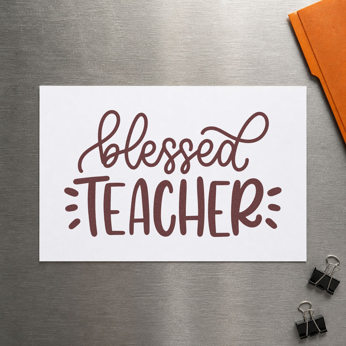 Blessed Teacher rubber stamp printed in brown ink, ready for prayer card crafts and similar paper crafts.