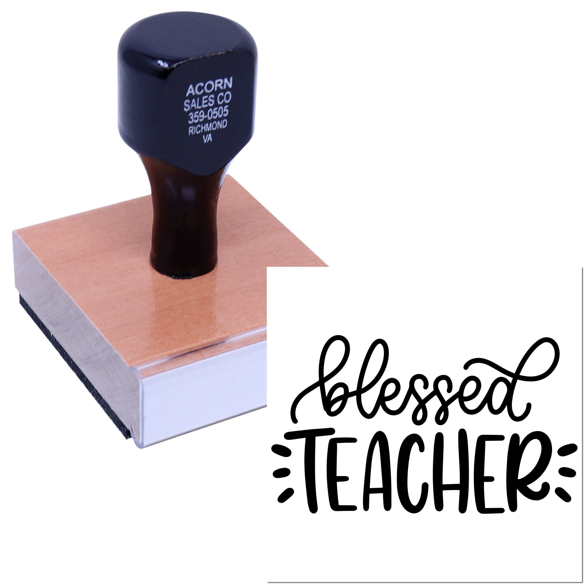 Custom Blessed Teacher rubber stamp for classroom use, teacher gifts, thank-you notes, and faith-based school supplies.