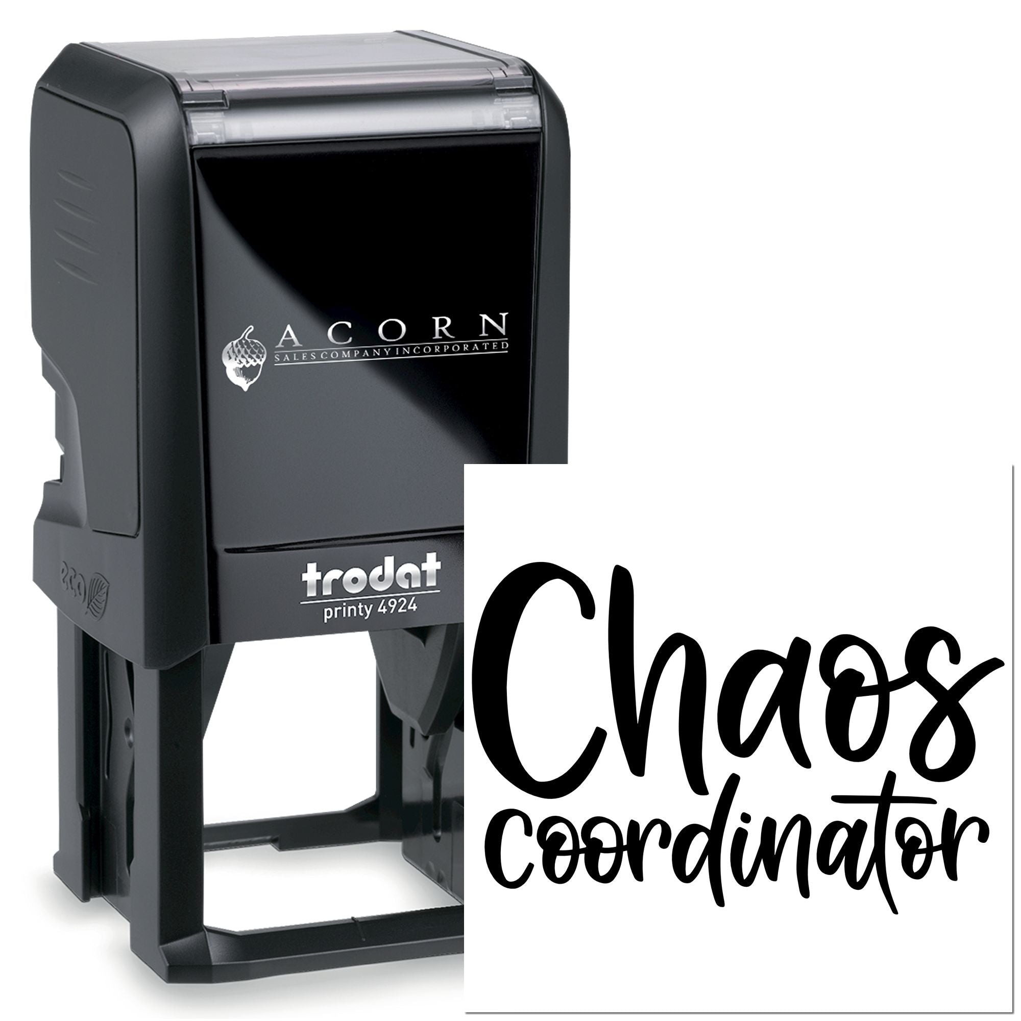 Custom Chaos Coordinator self-inking rubber stamp by Trodat, ideal for personalized office, teacher, or planner stamping.