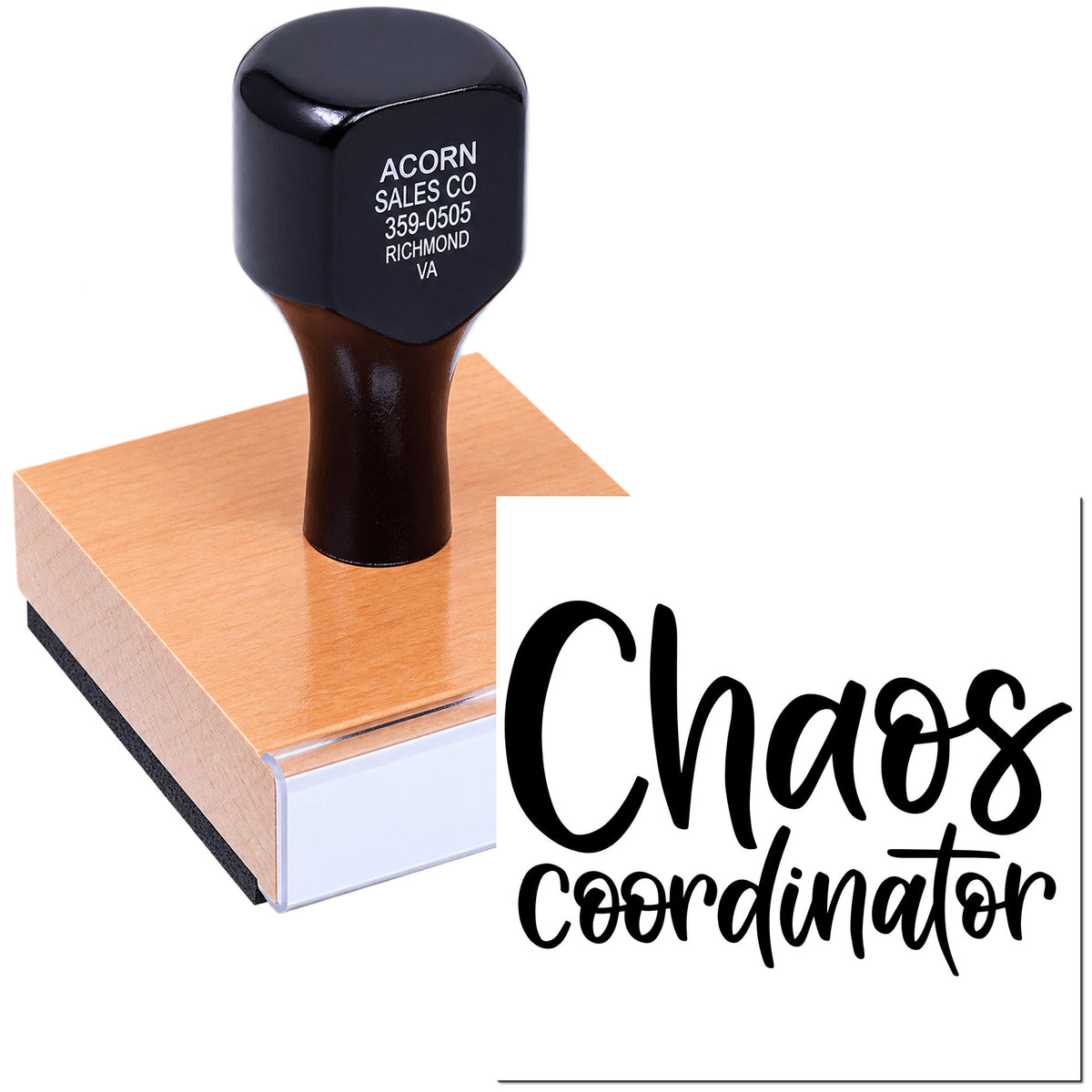 Custom rubber stamp reading Chaos Coordinator for personalized office use, crafts, and business branding.