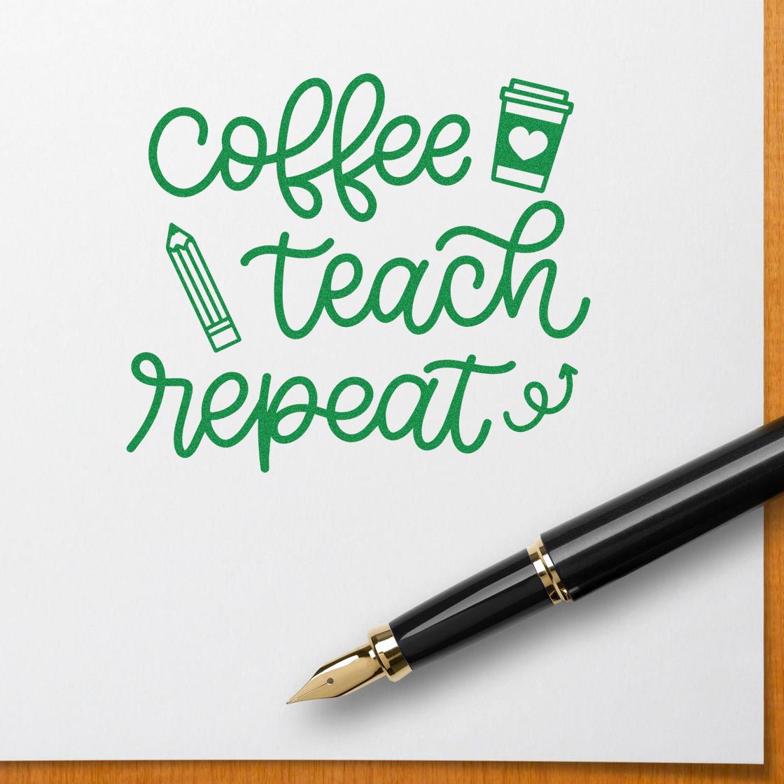 Coffee Teach Repeat rubber stamp design with pencil and coffee cup icons, perfect for teacher gifts and classroom crafts.