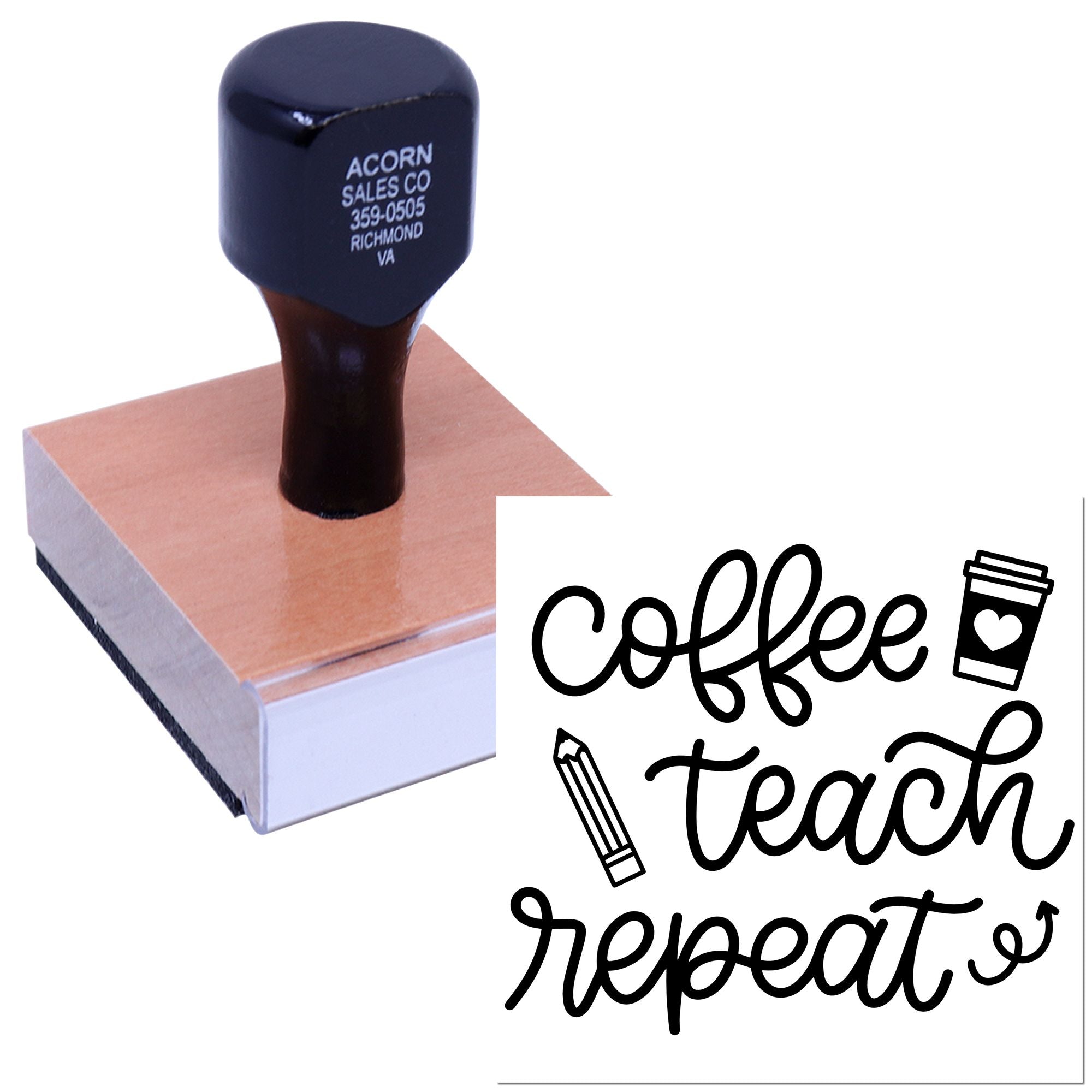Personalized coffee teach repeat rubber stamp for teachers with coffee cup and pencil design, ideal for classroom stationery.
