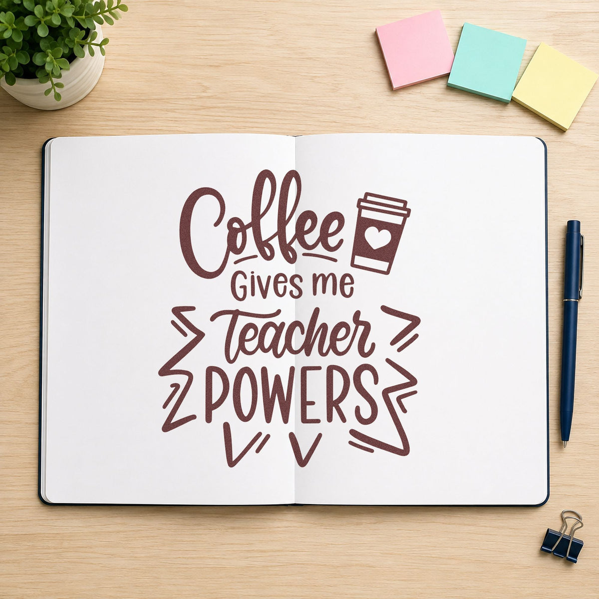 Coffee Gives Teacher Powers rubber stamp printed in brown ink, ready for cape cutout crafts and similar paper crafts.