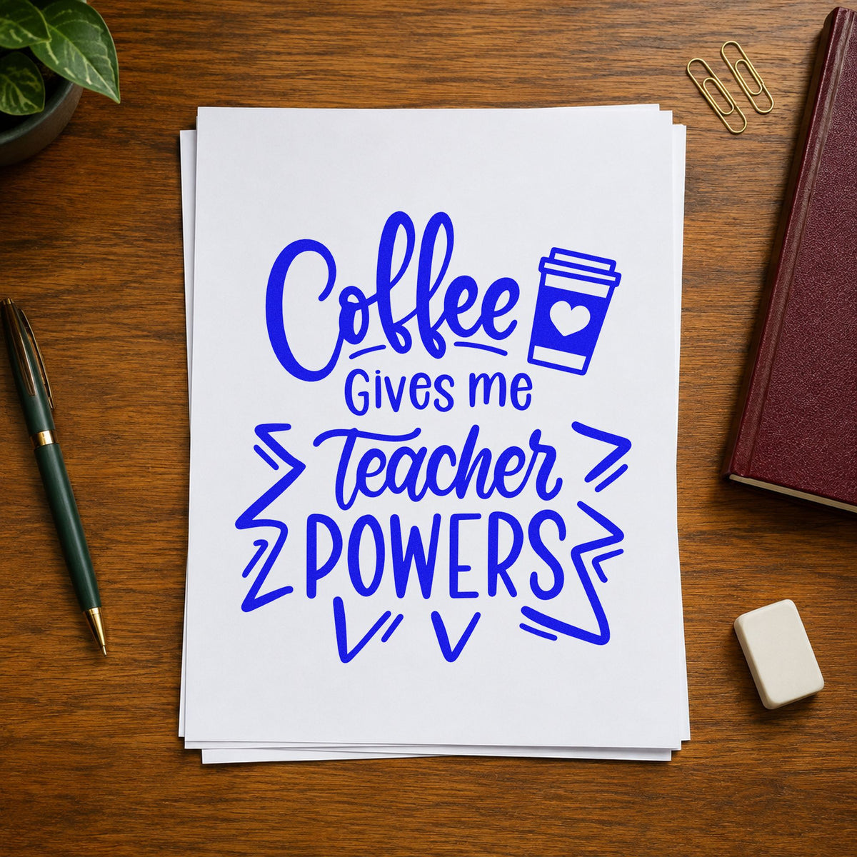 Coffee Gives Teacher Powers craft stamp in blue ink on cardstock, an easy option for mask band panels.