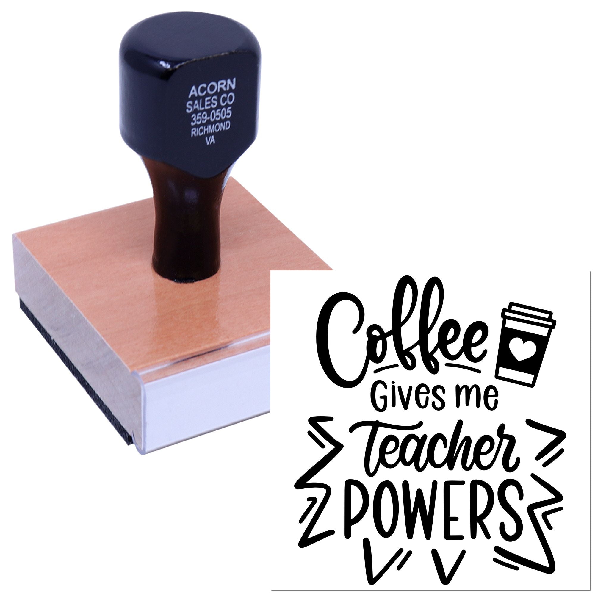 Custom rubber stamp with Coffee Gives Me Teacher Powers design for teacher appreciation, classroom crafts, and gift packaging.