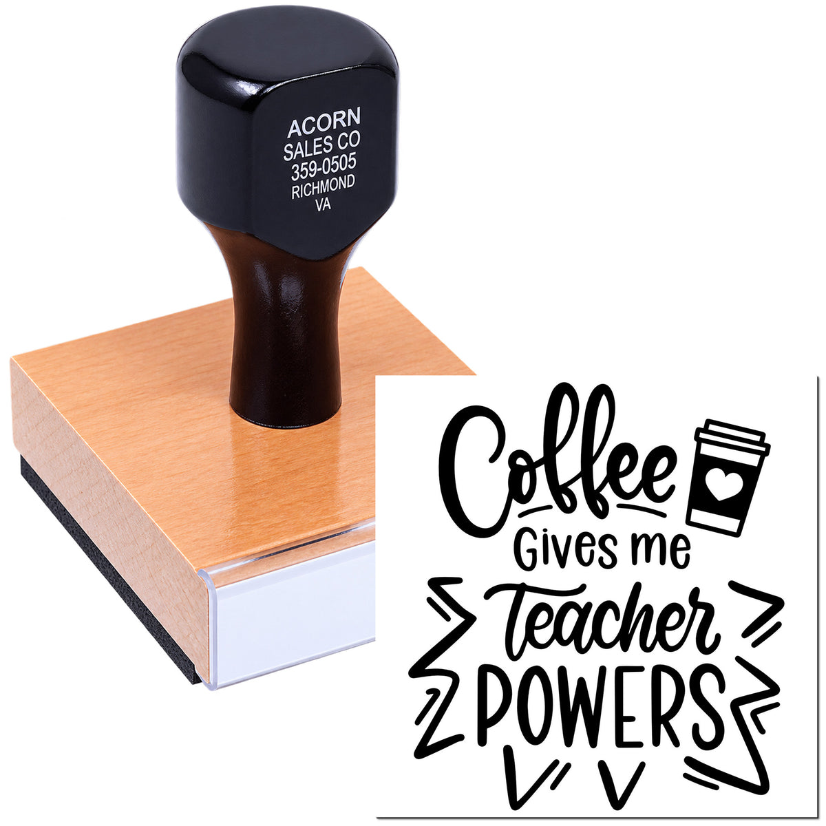 Custom rubber stamp with Coffee Gives Me Teacher Powers design for teacher appreciation, classroom crafts, and gift packaging.