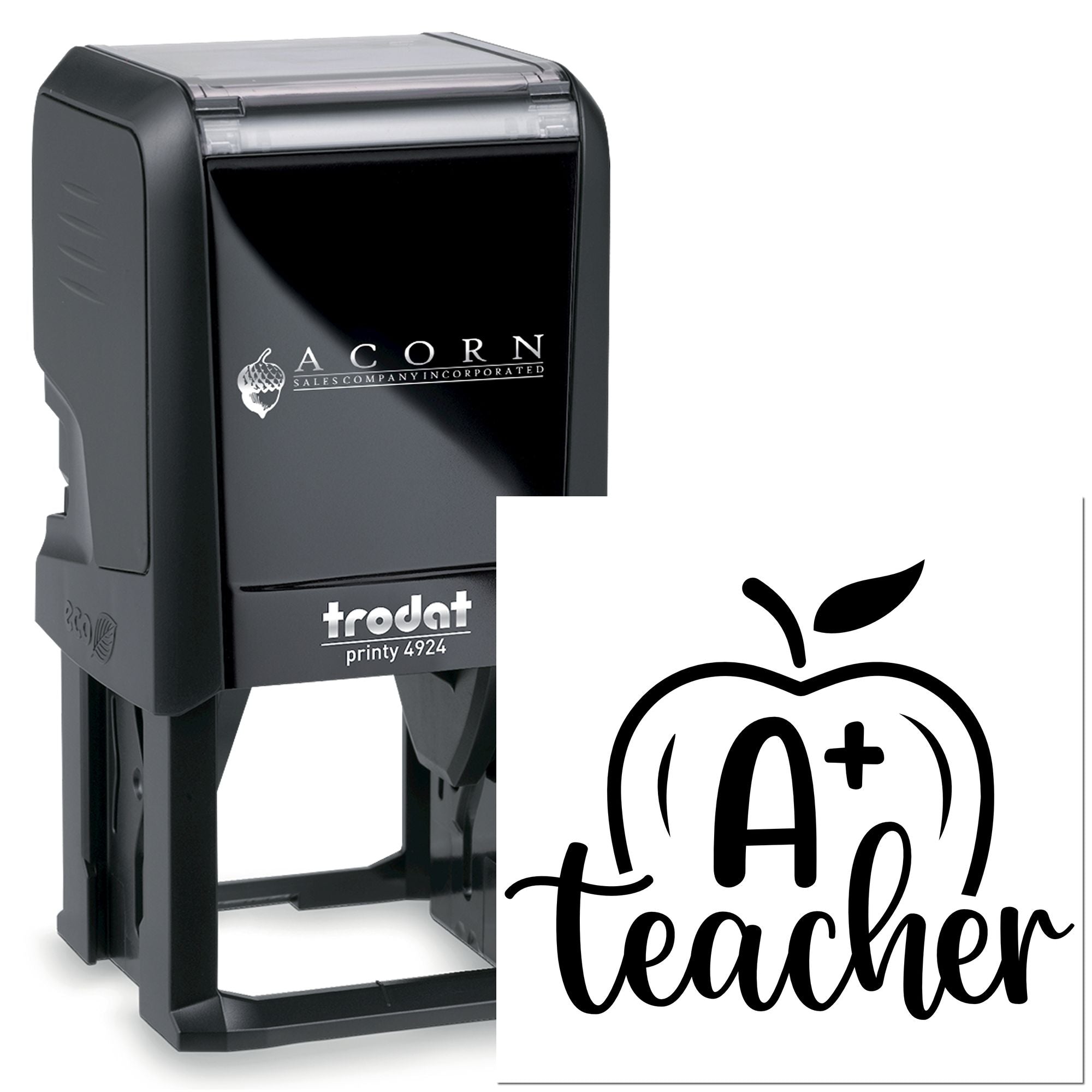 Trodat Printy 4924 self-inking rubber stamp with custom A+ Teacher apple design for classroom rewards