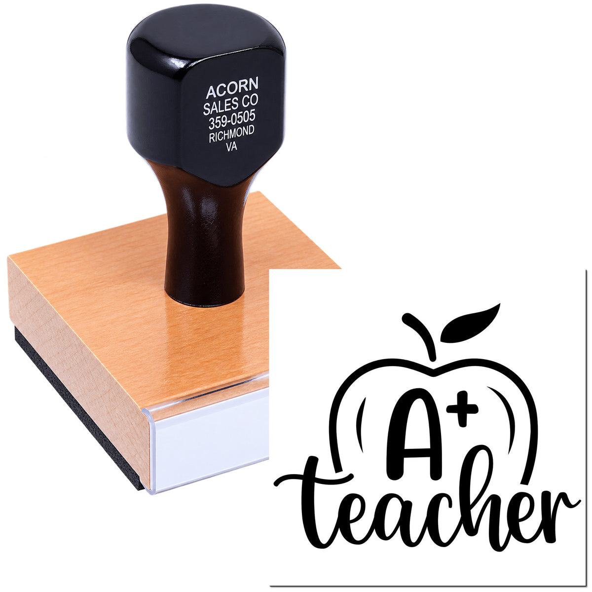 Custom teacher rubber stamp with apple logo, ideal for classroom grading, rewards, and personalized educator branding.