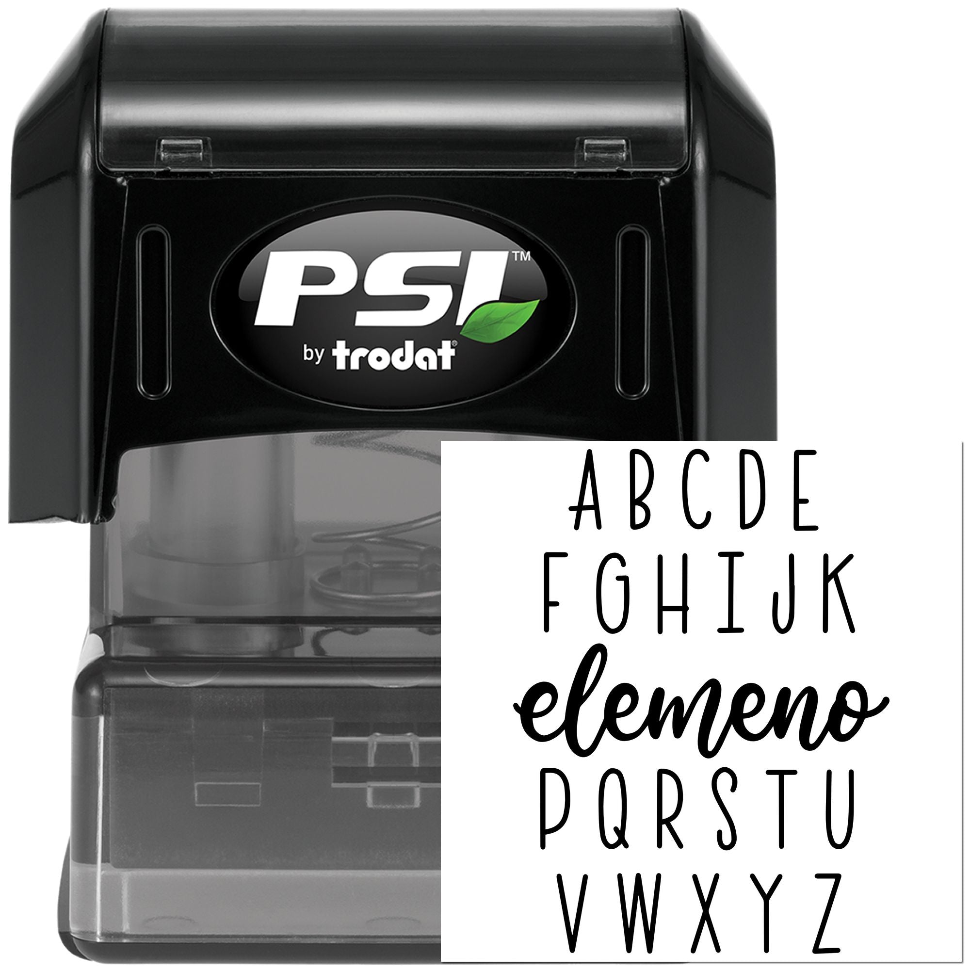 PSI by Trodat self-inking rubber stamp with alphabet font samples for custom text stamps