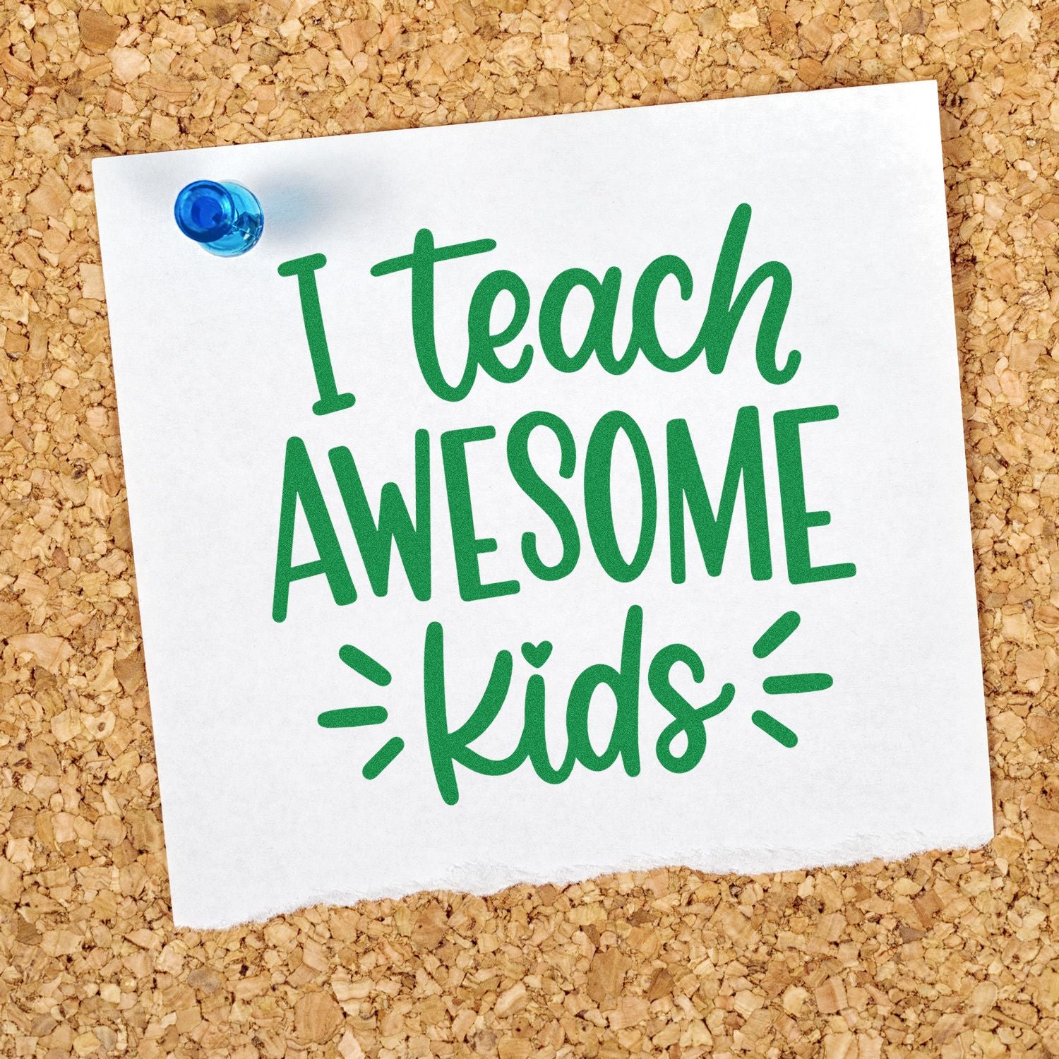 I Teach Awesome Kids rubber stamp design on pinned note, ideal for teacher crafts, classroom rewards, and custom stamping.