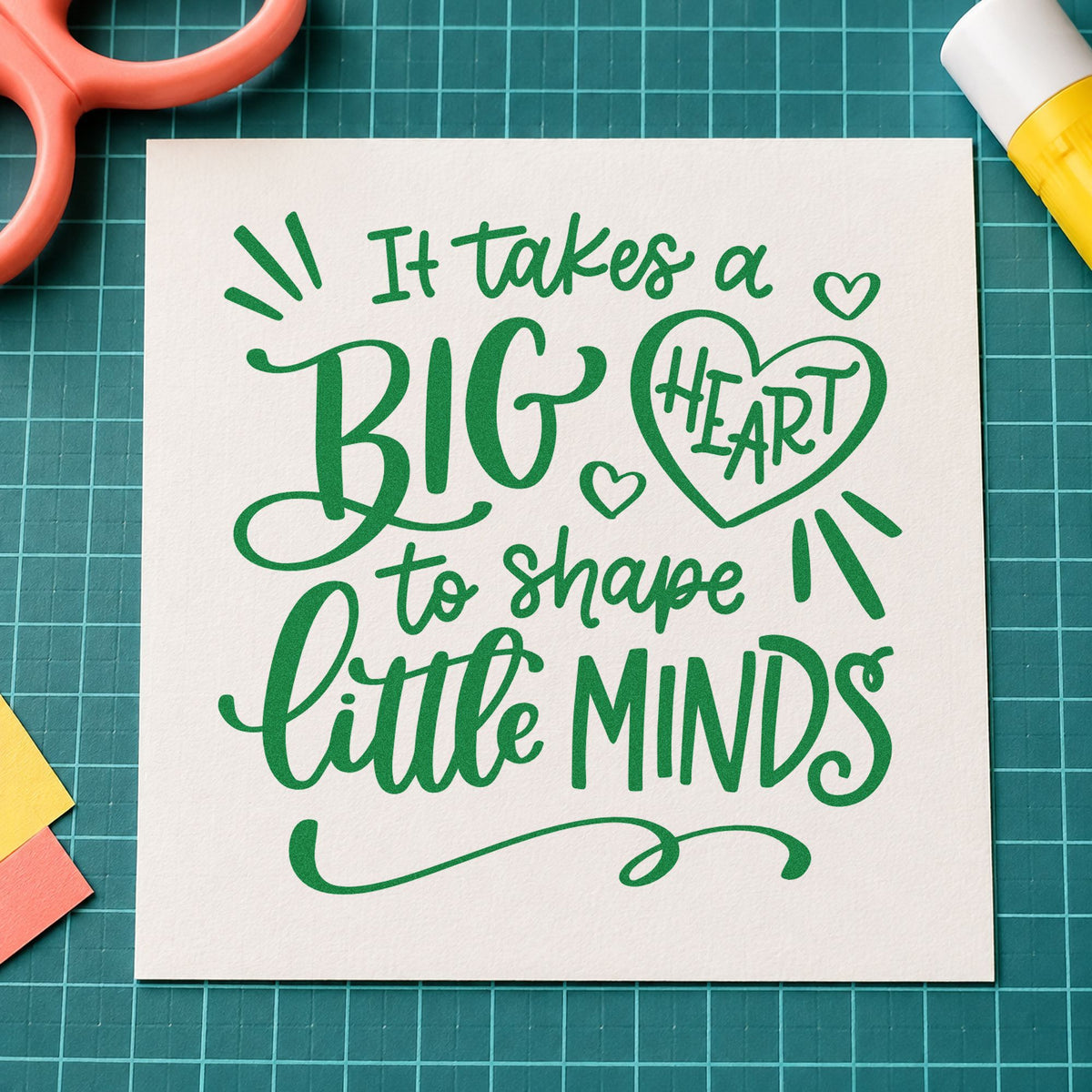 Big Heart Little Minds craft stamp imprint in green ink on a handmade project, one idea being framed lobby wall.