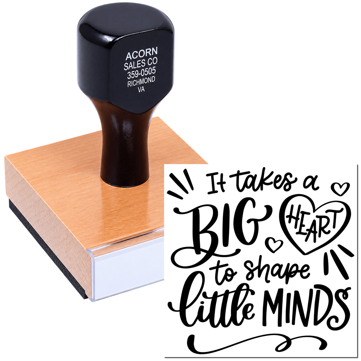 Personalized teacher rubber stamp with It takes a big heart to shape little minds design for classroom rewards and gifts.