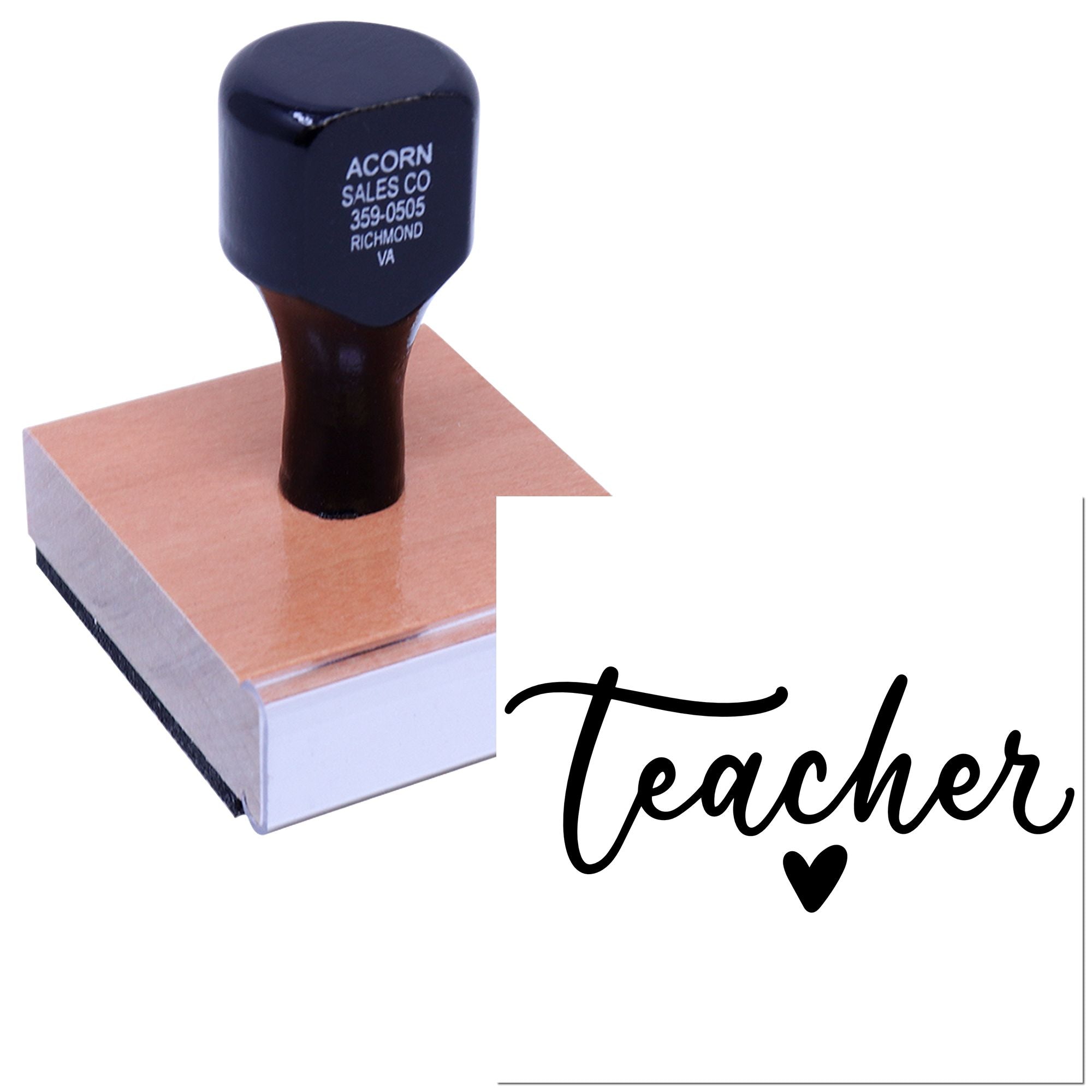 Teacher rubber stamp on wood block for custom classroom marking, grading, and personalized teacher stationery.