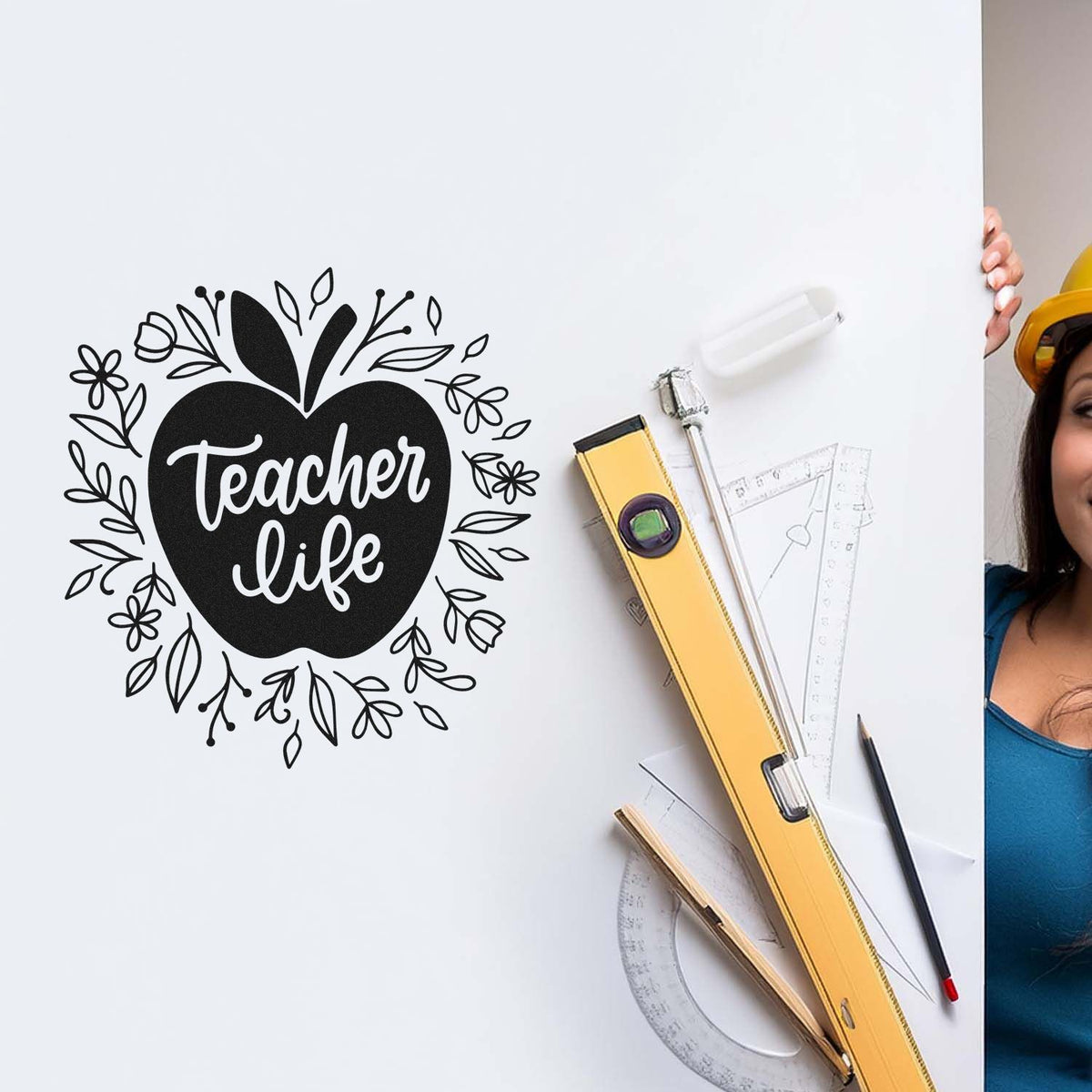 Teacher life rubber stamp design with floral apple, ideal for classroom crafts, school planners, and educator gifts.