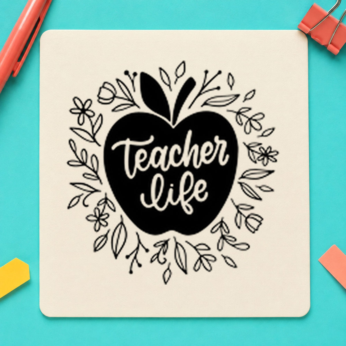 Teacher Life Floral Apple rubber stamp printed in black ink, ready for wreath apple cards and similar paper crafts.